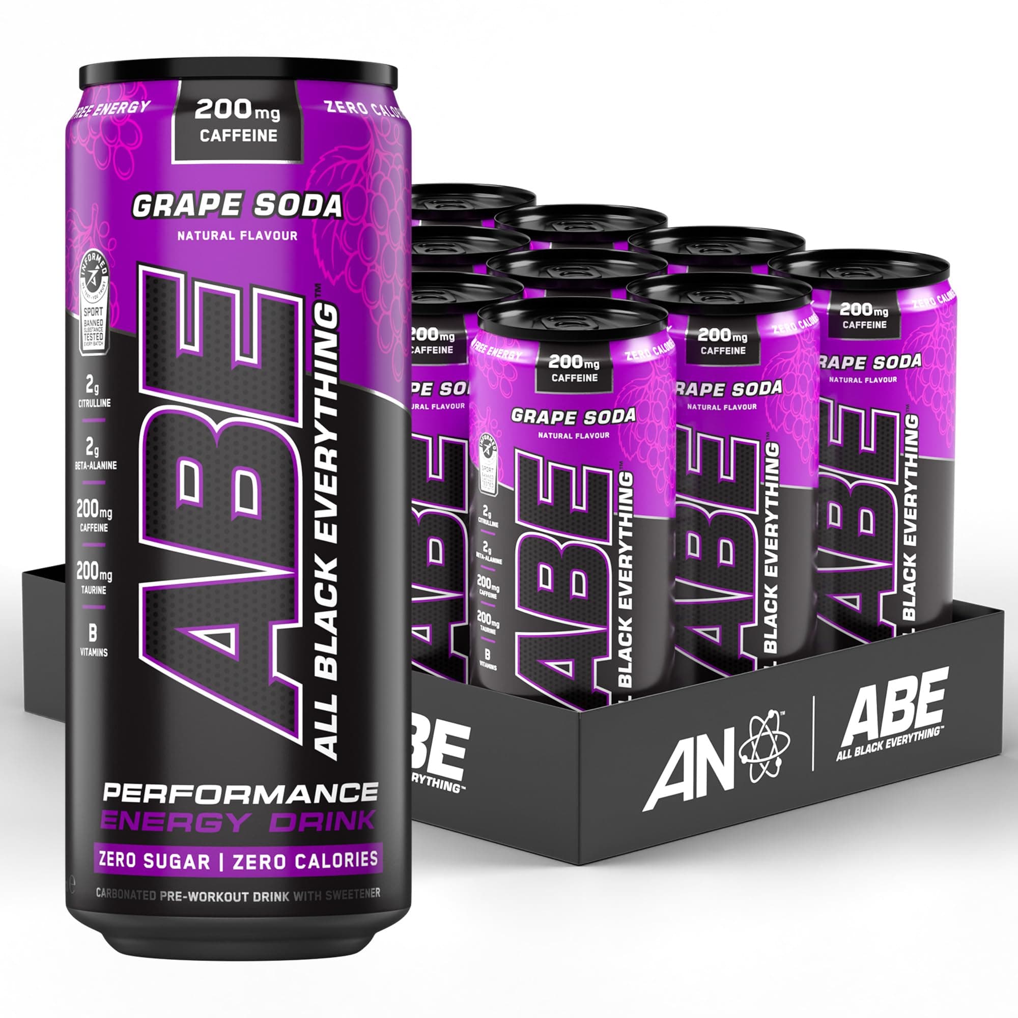 ABE Pre Workout Cans - All Black Everything Energy + Performance Drink, ABE Carbonated Beverage Sugar Free with Caffeine (Pack of 12 Cans x 330ml) (American Grape)