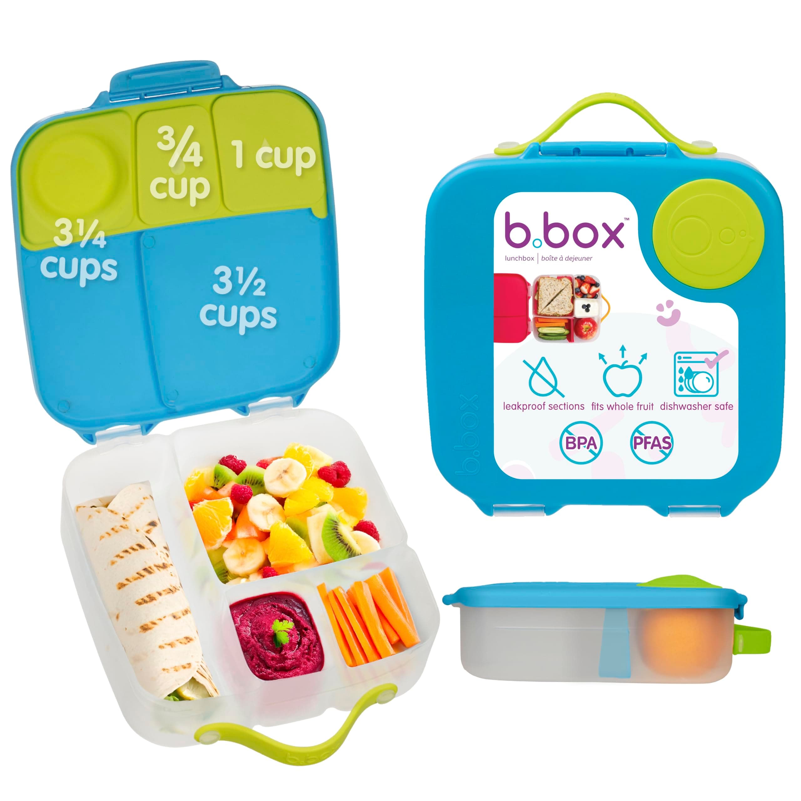 Lunchbox | Large Bento Box with 4 Compartments (2 Leakproof), Removable Divider, Gel Cold Pack | Ideal for School | from 3+ | 2L Capacity