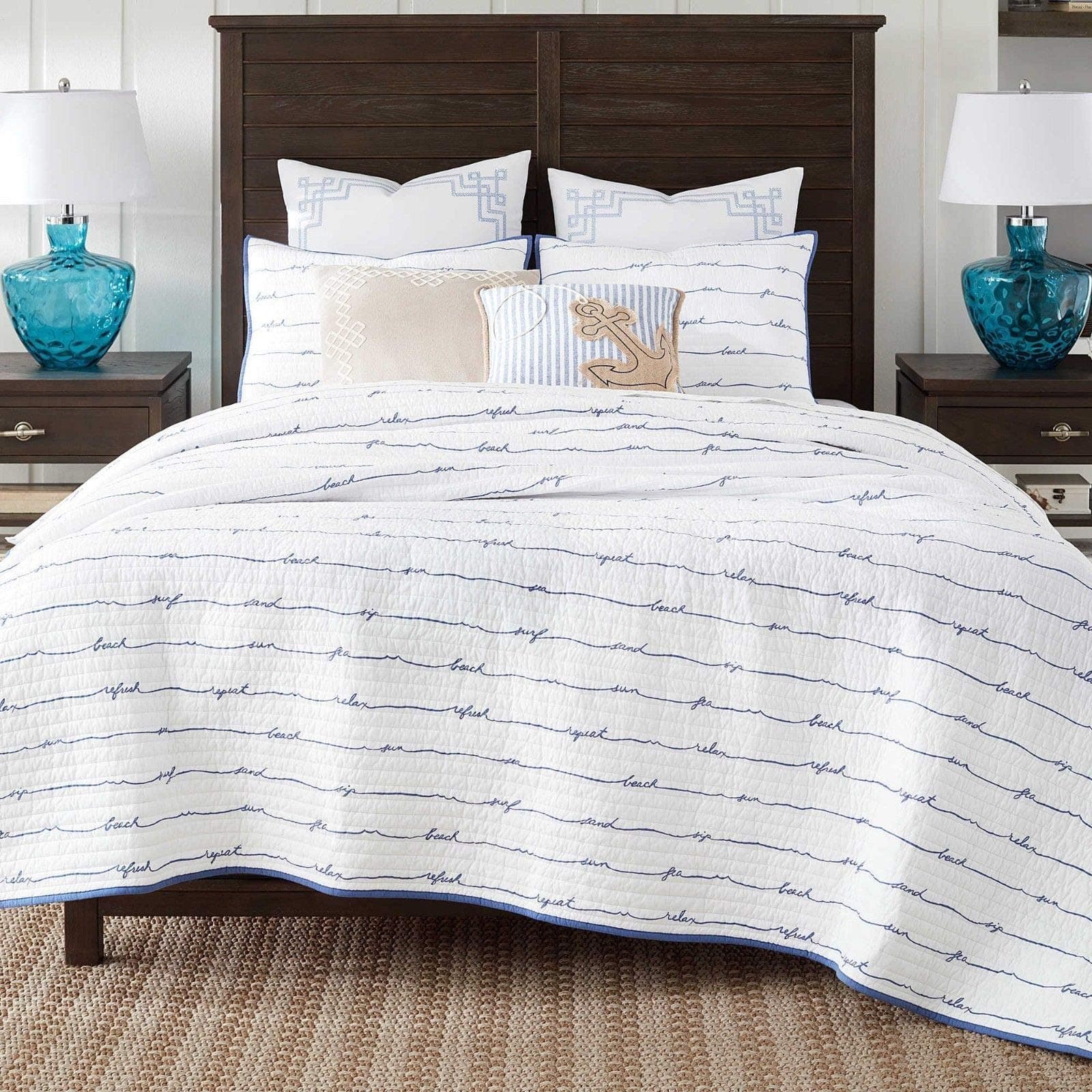 Coastal Living Sand Script Quilt Set (King, Blue)