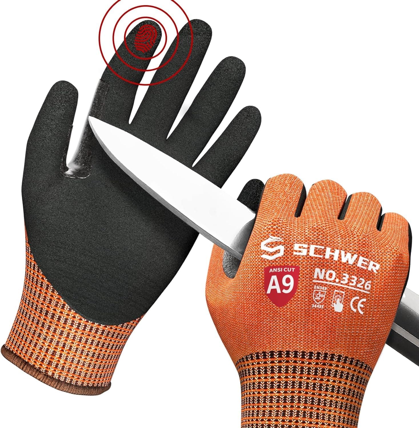 Schwer ProGuard Highest Level Cut Resistant Work Gloves PR3326 for Extreme Protection，ANSI A9 Cut Gloves with Reinforced Thumb, Non Slip, Breathable, Durable, Touch-screen, PFAS Free, Orange 1 Pair（S）