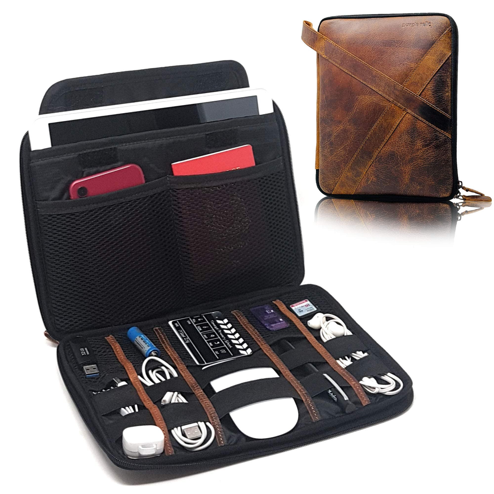 Genuine Leather Tablet Case - Electronics and Cable Organizer for Desk and Travel - Holds 9.7-inch Tablet, Passport, Cords and Tech Accessories