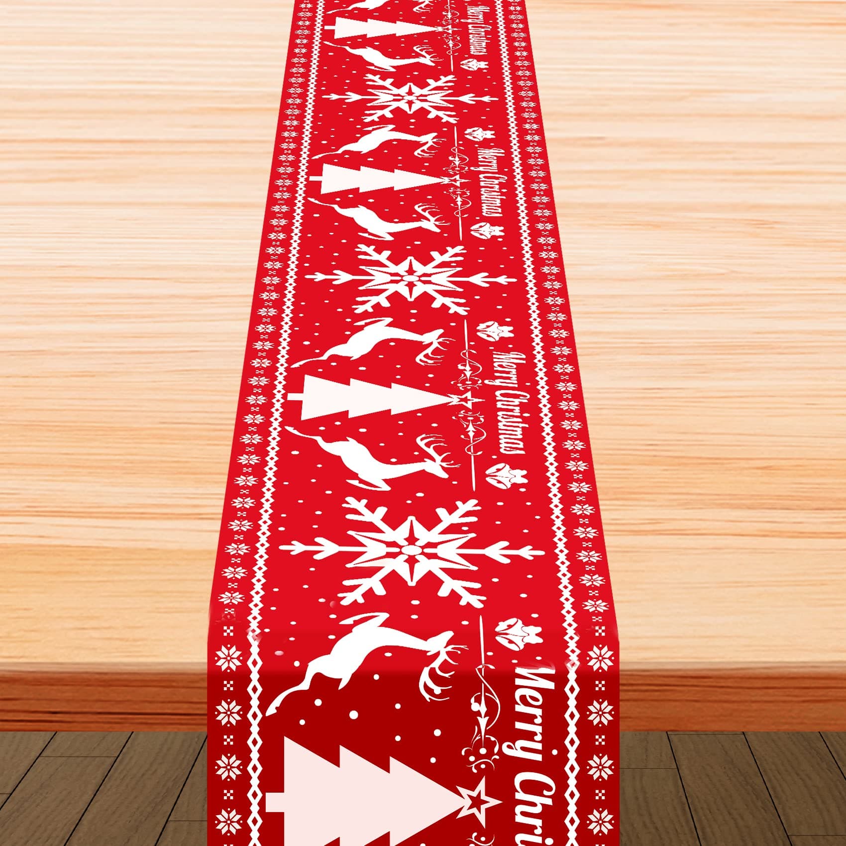 Christmas Table Runner 28*270 cm Red Linen Table Runner Xmas Long Table Runners Merry Christmas with White Snowflakes Tree Xmas Table Decorations