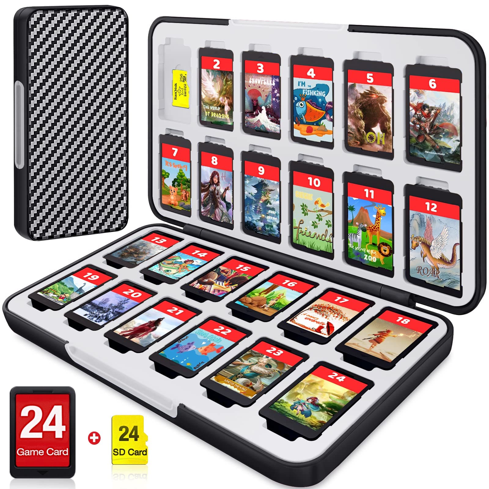 CYKOARMOR Switch Game Case for Nintendo Switch Game Card with 24 Switch Game Holder Storage and 24 Micro SD Cartridge Slots, Slim Switch Game Organizer Incl. Hard Shell&Soft Rubber-Stripe Grey Black
