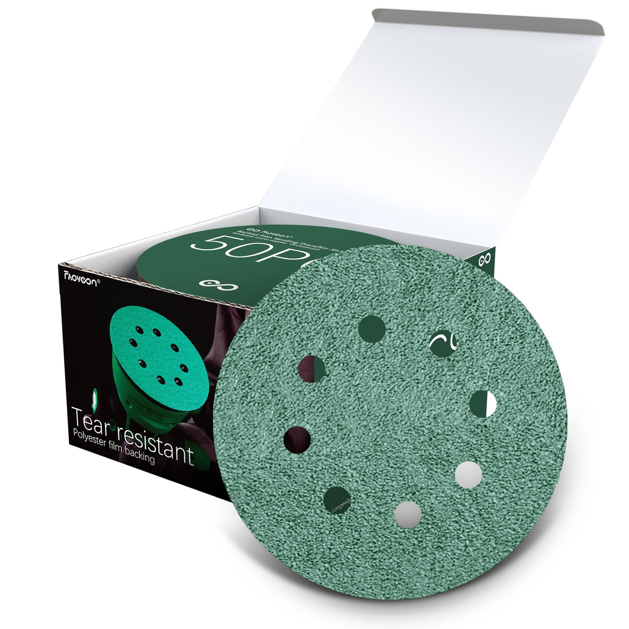 Sanding Disc 5 Inch 8 Hole Hook & Loop, Orbital Sander Pads for Woodworking, Metal, Automotive, Green Film sandpaper discs - 40 Grit,50 Pack
