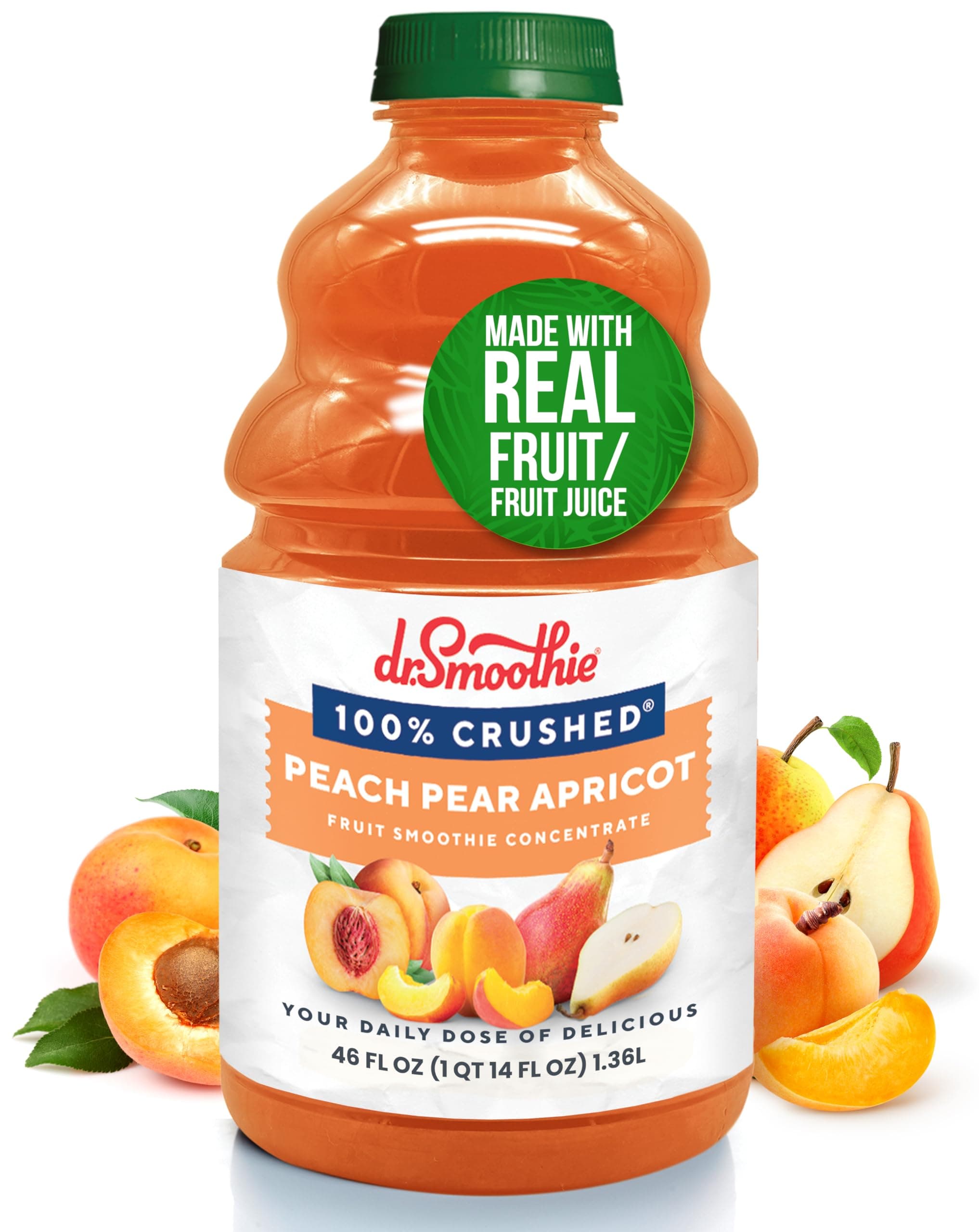 Dr. Smoothie 100% Crushed Peach Pear Apricot – No Added Sugar, Made with Real Fruits/Fruit Juice – Vegan, No Artificial Colors or Flavors – Juicy Sweet Peaches, Tart Apricots & Pears – 46 oz Bottle