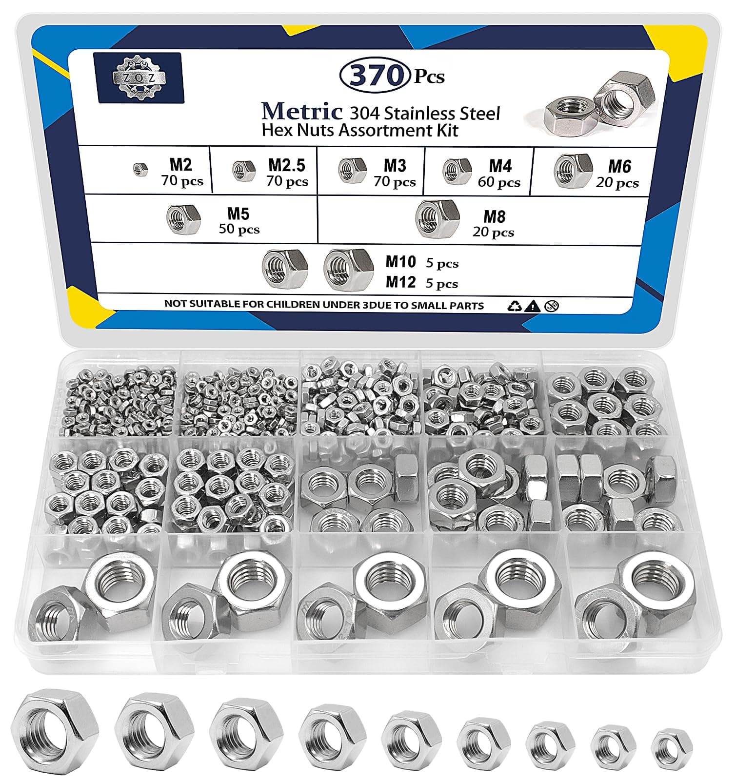 ZQZ 370 PCS Metric Hex Nuts Assortment Kit,M2 M2.5 M3 M4 M5 M6 M8 M10 M12 Sta...
