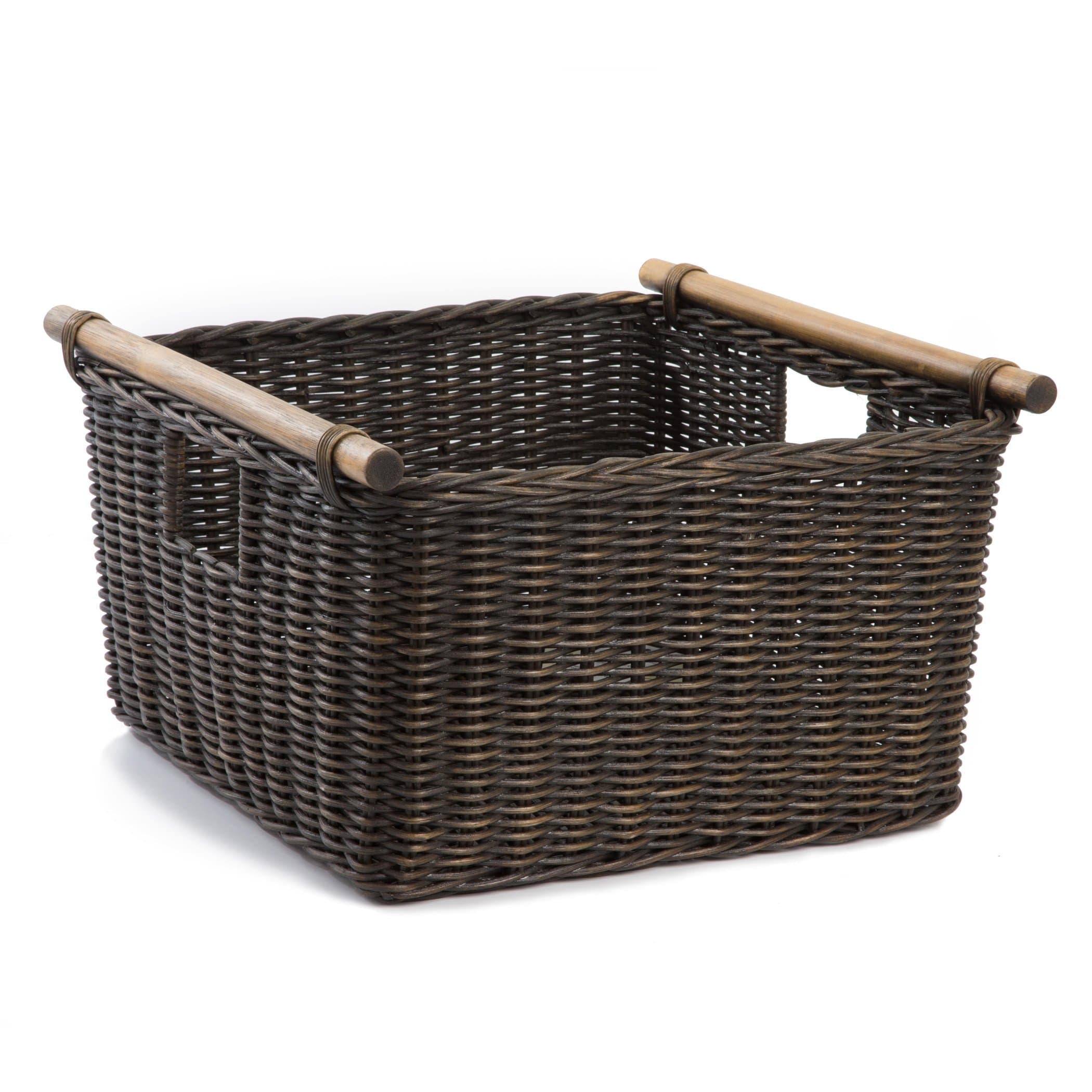 Deep Pole Handle Wicker Storage Basket, Extra Large, 17.5 in L x 18 in W x 11.5 in H, Antique Walnut Brown