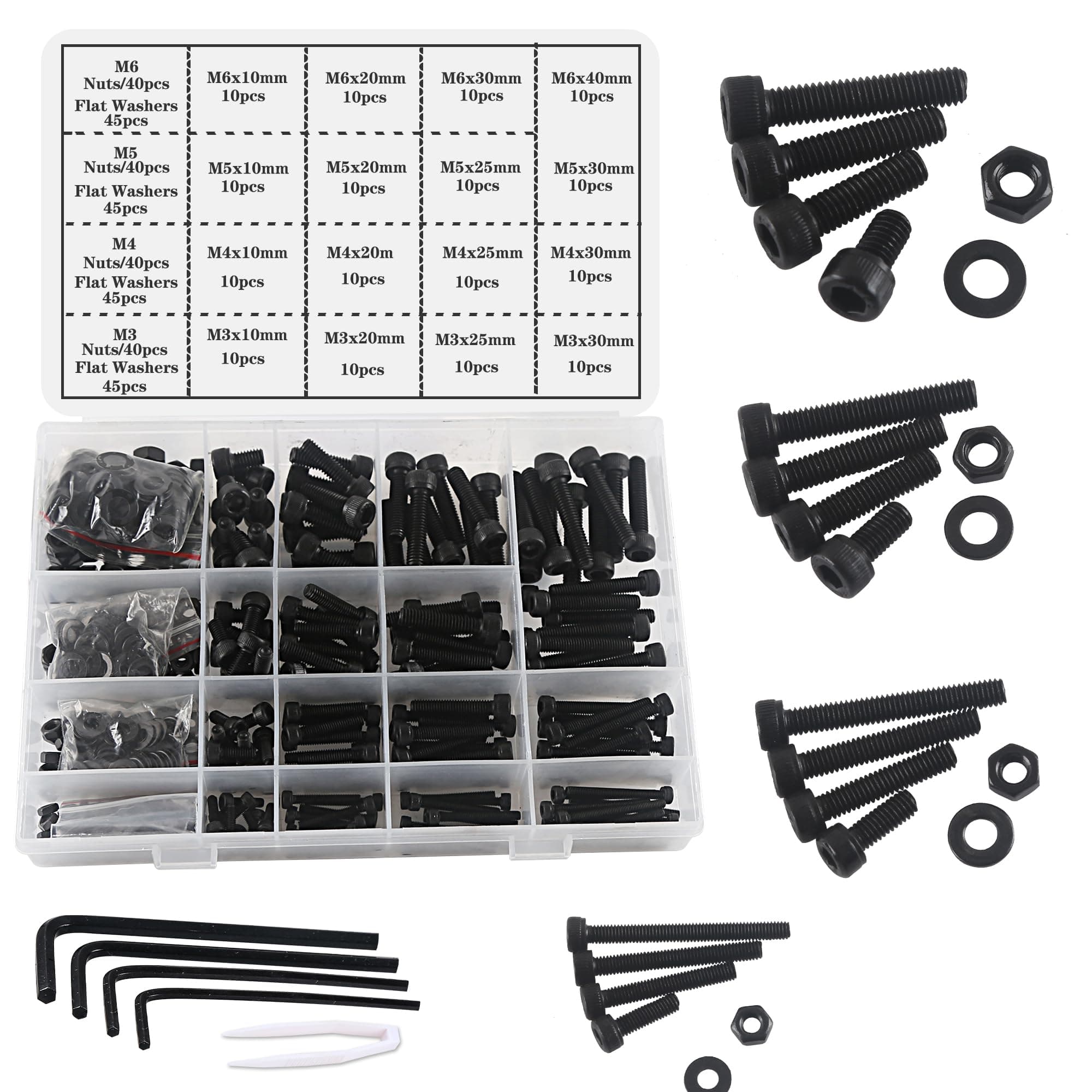 Nuts and Bolts Washers Assorted Set,M3 M4 M5 M6 Black Hex Socket Head Cap Screws Bolts and Nuts Kit 500pcs, Thread Machine Hex Bolt Set Fastener Repair Tools Assortment Kit with 4 Wrench