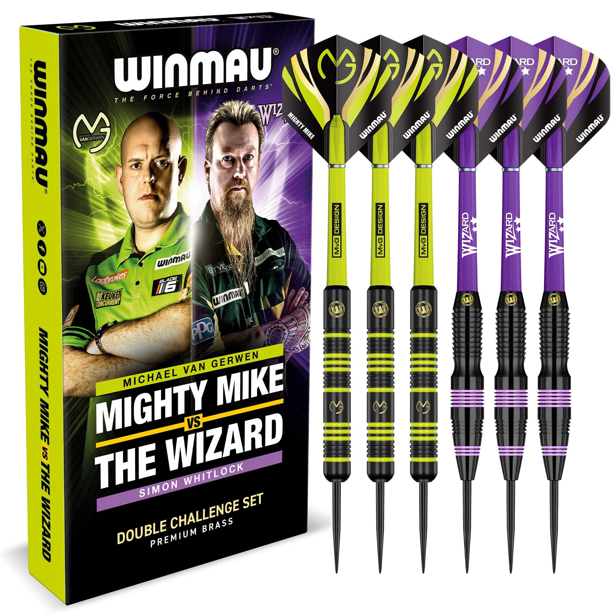 Darts Michael 'MvG' Van Gerwen Vs Simon 'The Wizard' Whitlock | Twin Set | 22g Steeltip Brass Darts Set with Flights and Shafts (Stems)