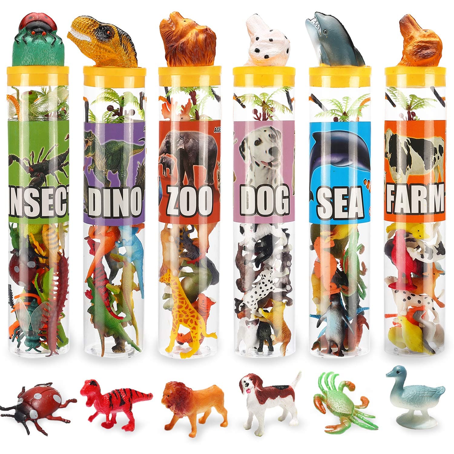 82 Piece Animal Toy, Assorted Mini Dinosaur Insect Ocean Sea Farm Jungle Animal Dog Figure, Realistic Vinyl Plastic Zoo Play Set, Small Toys for Sensory Bin Cupcake Topper Party Favors