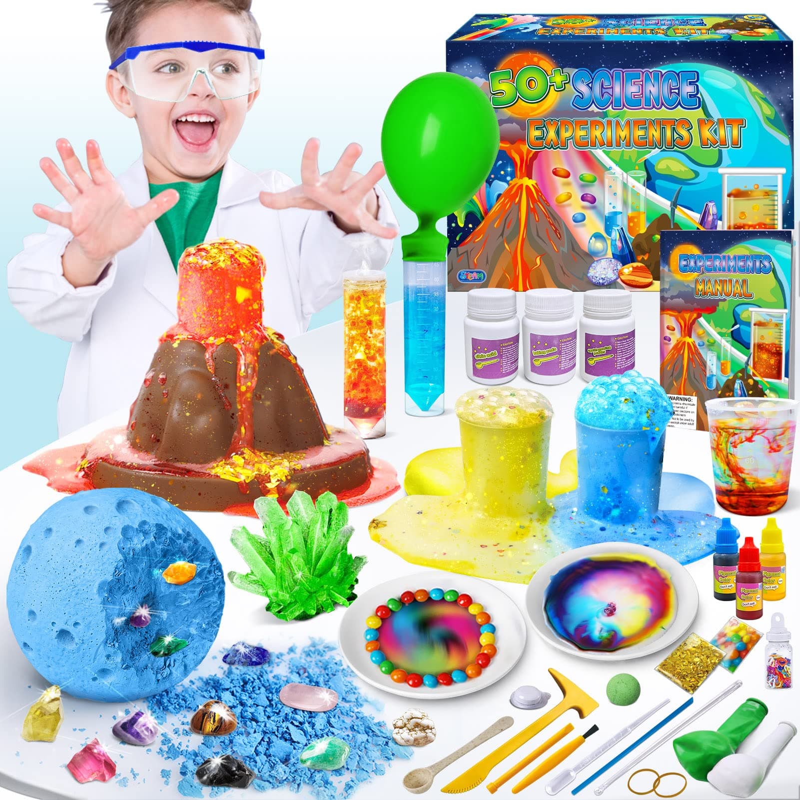 50+ Science Lab Experiments Kit for Kids, STEM Activities Educational Scientist Toys Gifts for Boys Girls Chemistry Set, Gemstone, Volcano Eruption