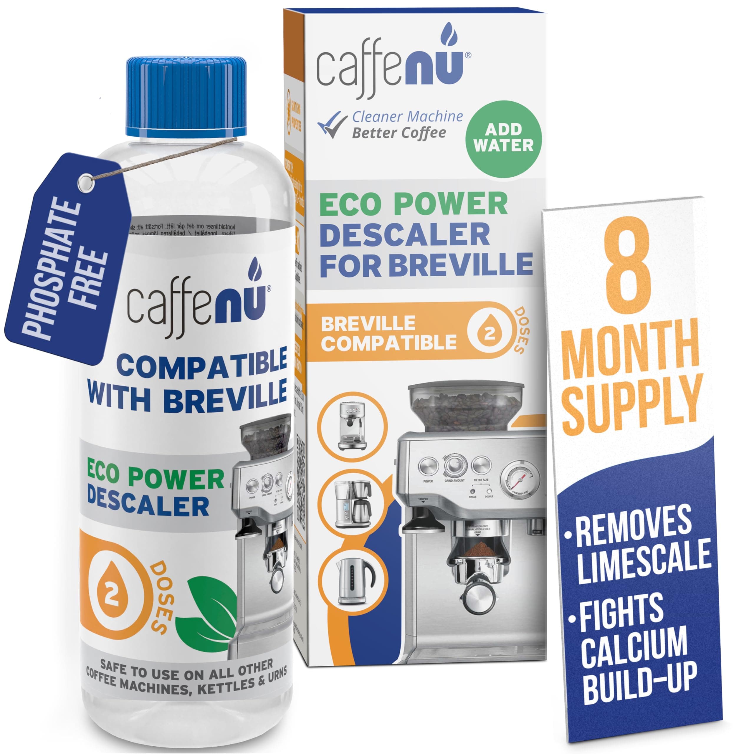 Caffenu Descaling Solution for Sage Machines (1 bottle - 2 Uses). Universal Descaler Compatible with Sage, Breville & All Other Espresso Machines. Removes Limescale