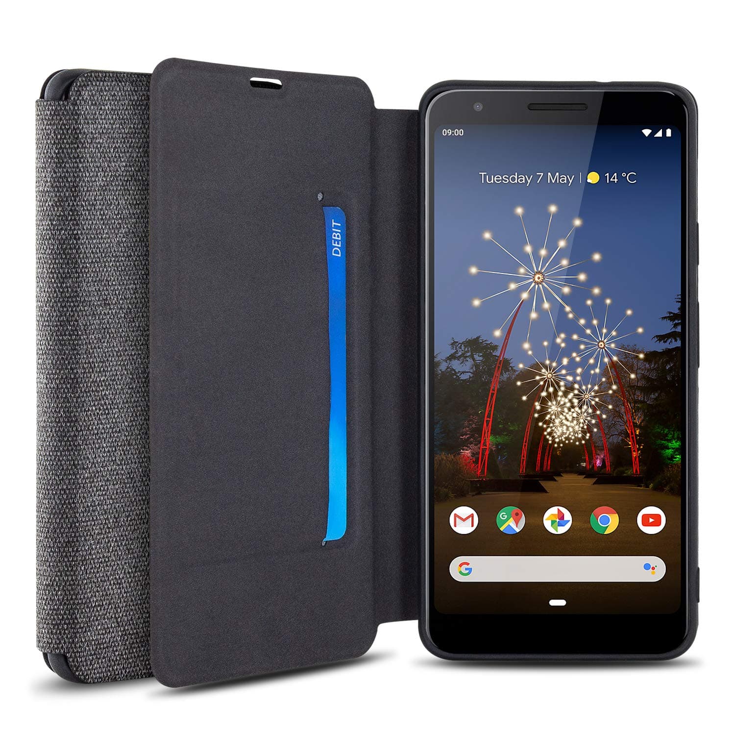 Olixar for Google Pixel 3a Wallet Case - Canvas Flip Cover - Credit Card Storage - Built in Stand - Wireless Charging Compatible - Black