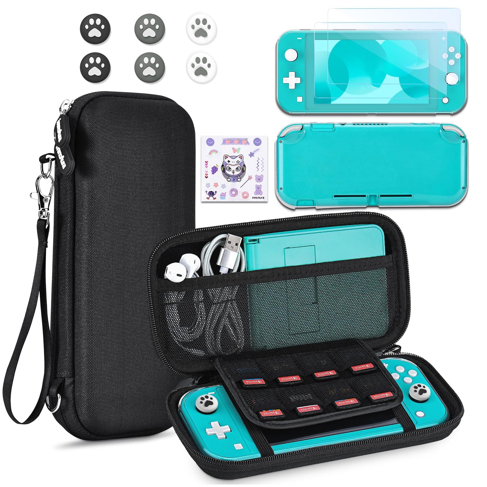 innoAura Switch Lite Case 12-in-1 Accessories Bundle for NS Switch Lite (2019), with Protective Carrying Case, Hand Strap, Screen Protector & Cute Thumb Grips, Black