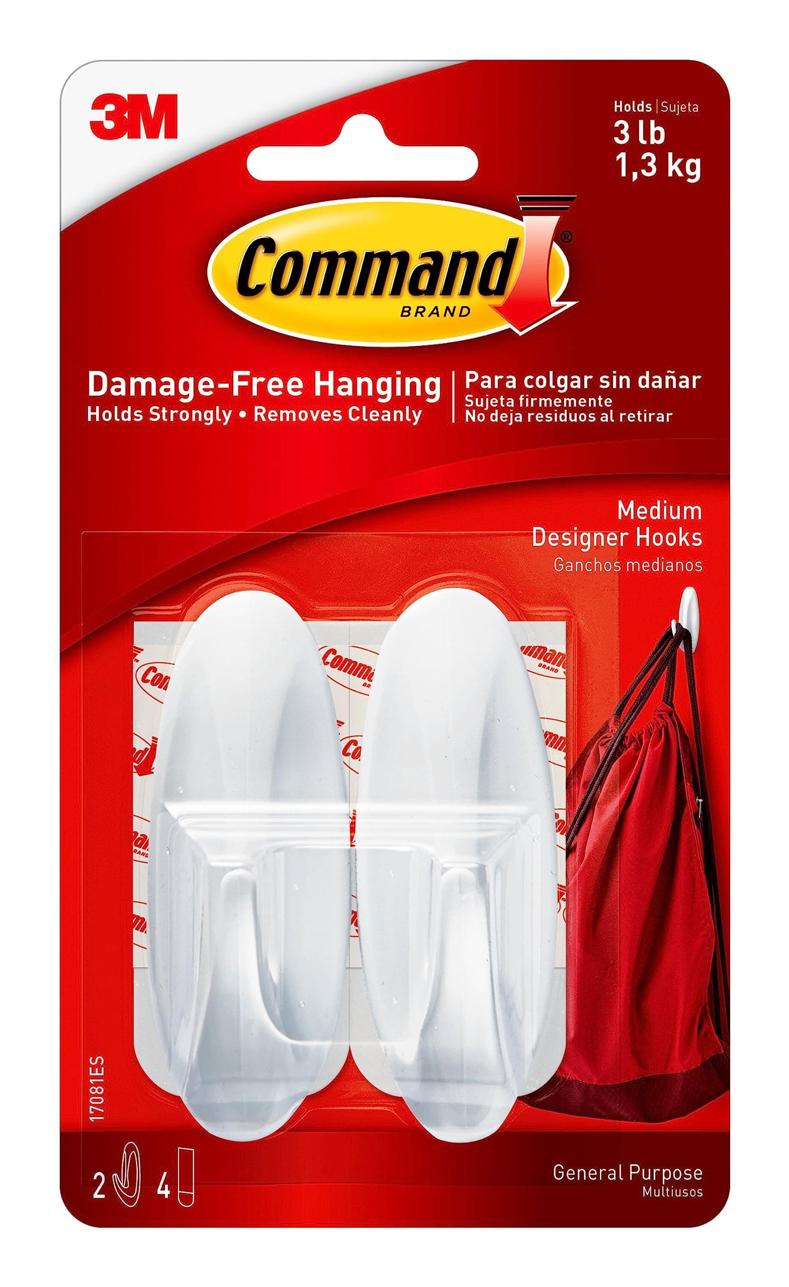 Command Medium Designer Hook, Pack of 2 Hooks and 4 Adhesive Strips, White - Damage Free Hanging - Holds up to 1.3kg
