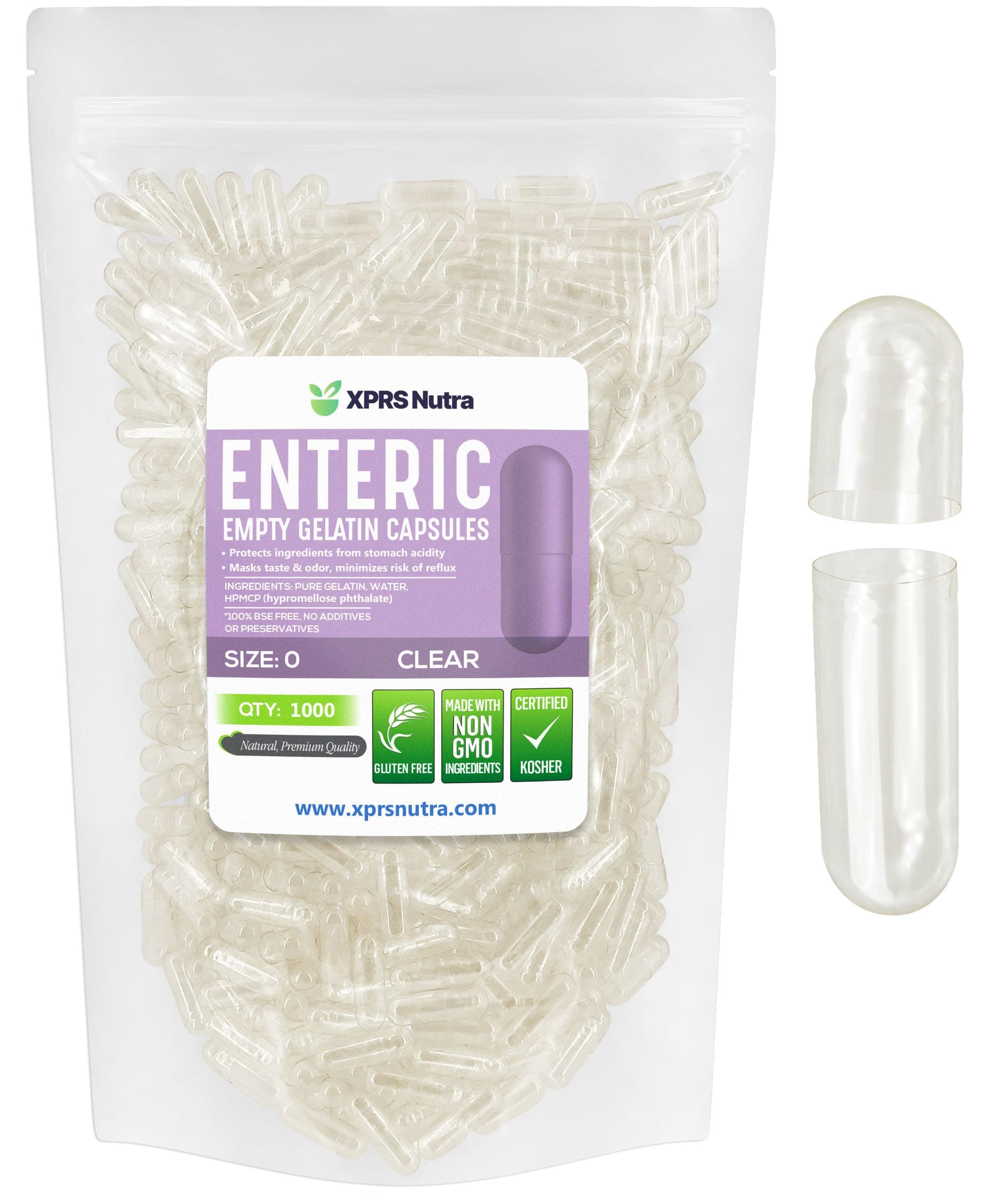 Size 0 Empty Capsules - 1000 Count Clear Enteric Coated Empty Gelatin Capsules - Delayed Release Pills - DIY Capsule Filling - Pure Bovine Empty Enteric Gel Caps