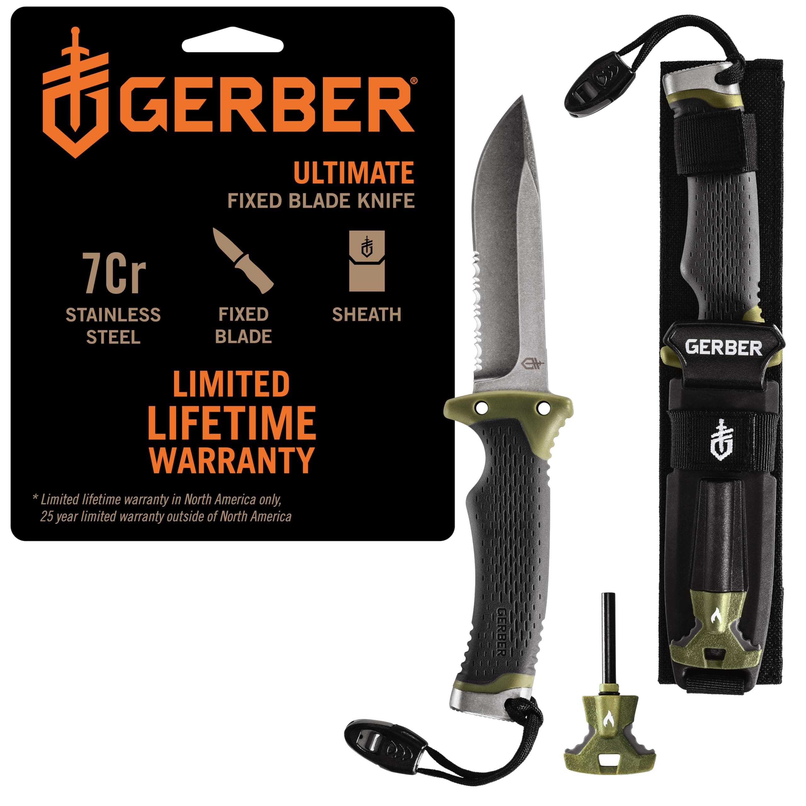 Gerber Gear Ultimate Survival Knife, Fixed Blade Knife with Combo Edge, includes Fire Starter Edge and Ferro Rod, Whistle, Sheath with Integrated Sharpener - Bushcraft, Hunting and Camping Tool