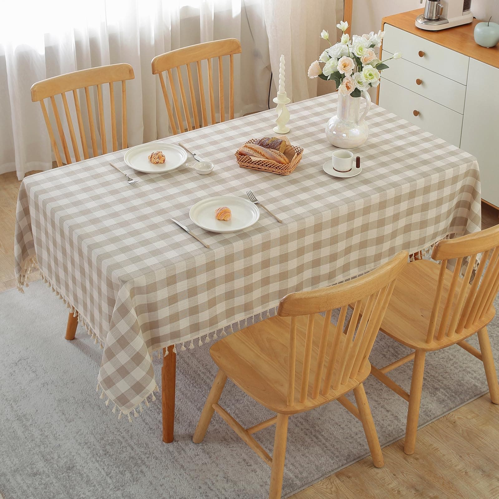 Checkered Tablecloth Rectangle Cotton Linen Fabric Gingham Table Cloth Buffalo Plaid Table Cover with Tassel Wrinkle Free Washable for Kitchen Dining Picnic, Beige and White, 55X106''