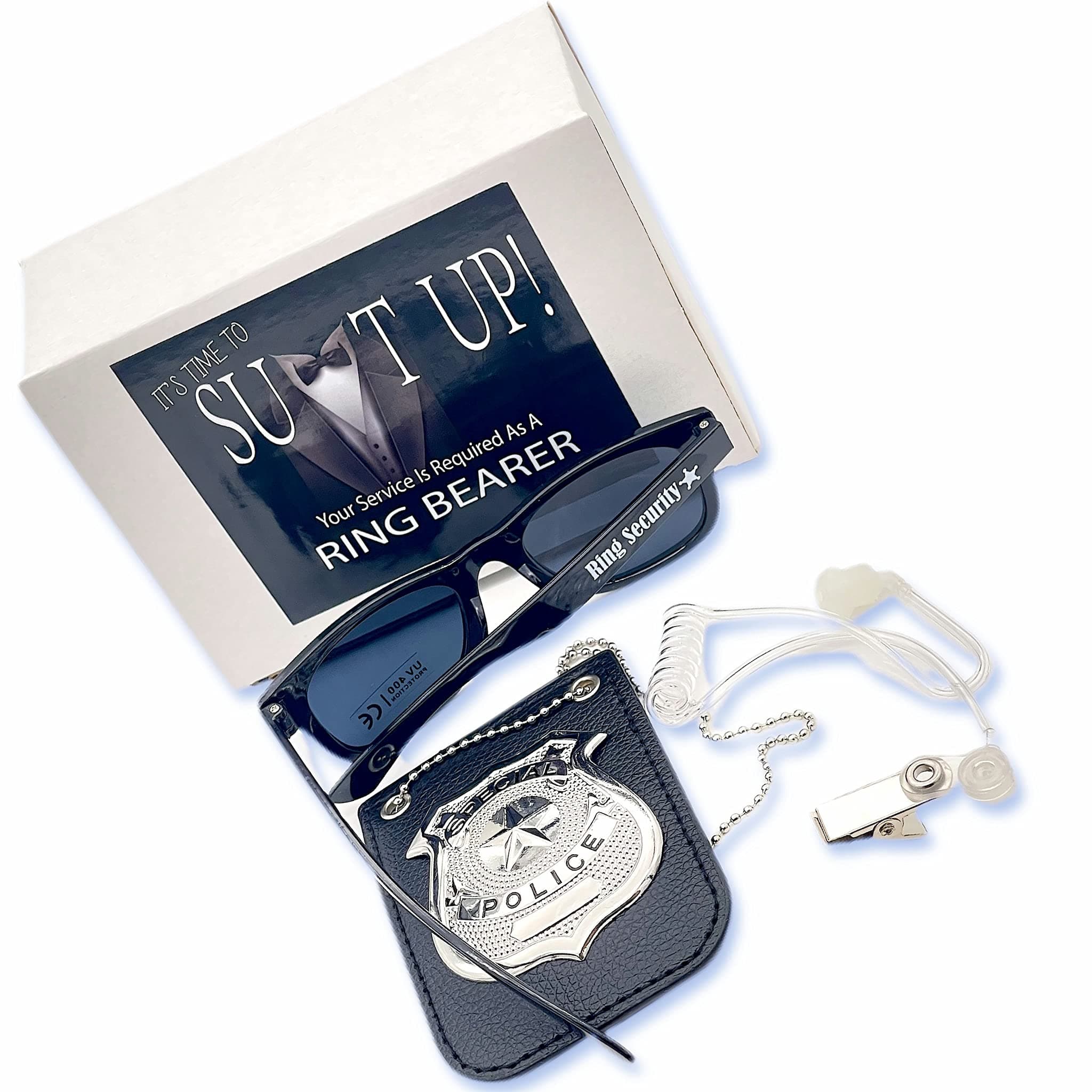 Ring Bearer Proposal Gift Box Includes Metal Security Badge With Holder & Chain, Spy Earpiece Tube Clip & Agent Sunglasses. A Fun Gift For Wedding Ring Security. Proposal Label & Rigid Box Included.