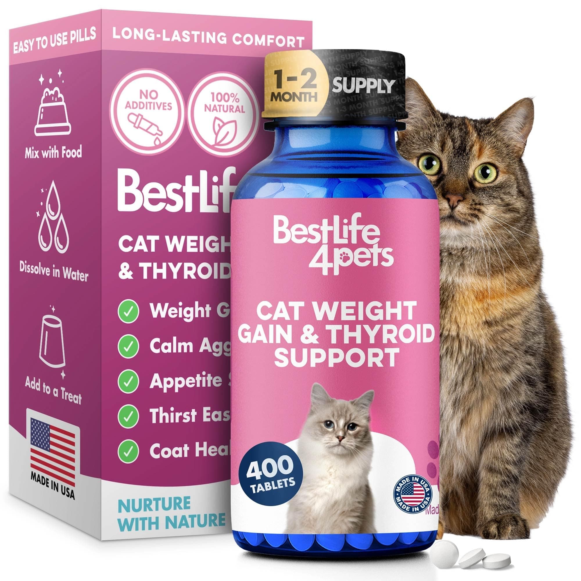Cat Hyperthyroid & Gentle Weight Gain Support for Cats and Kittens - Natural Feline Thyroid Balance for All Ages in Odorless Easy to Use Tiny Pills That Improve Appetite, Coat & Energy (400 Pills)