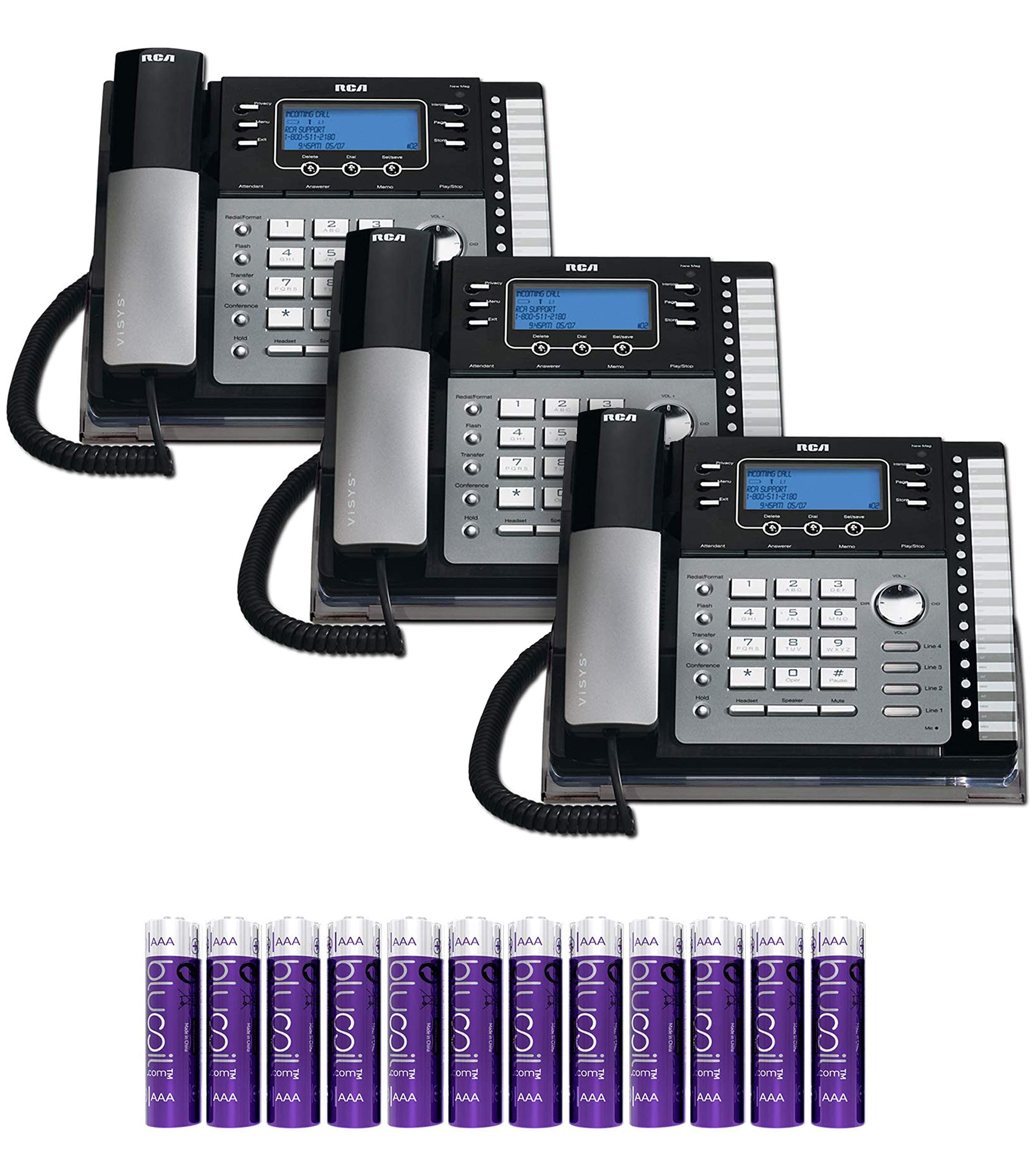 RCA 25424RE1 4-Line Expandable Phone System with Intercom (3-Pack) Bundle with Blucoil 12 AAA Batteries