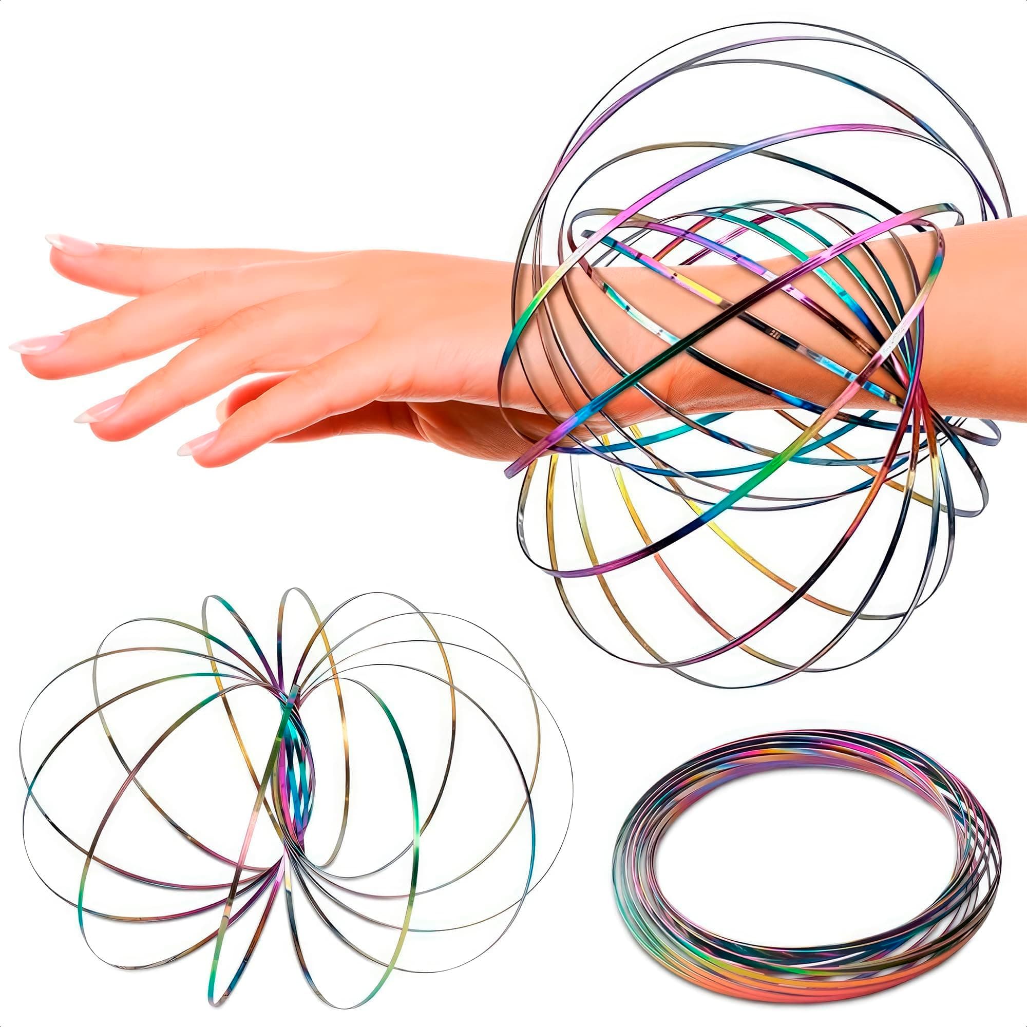 Flow Ring Spinner Ring Arm Toy 5.1" - Rust Resistant Stainless Steel Infinity Loop Flow Rings with Changing Colors & Geometric Spin- Flat Folding, Kinetic Magic Rings for Relaxation & Calming Motion