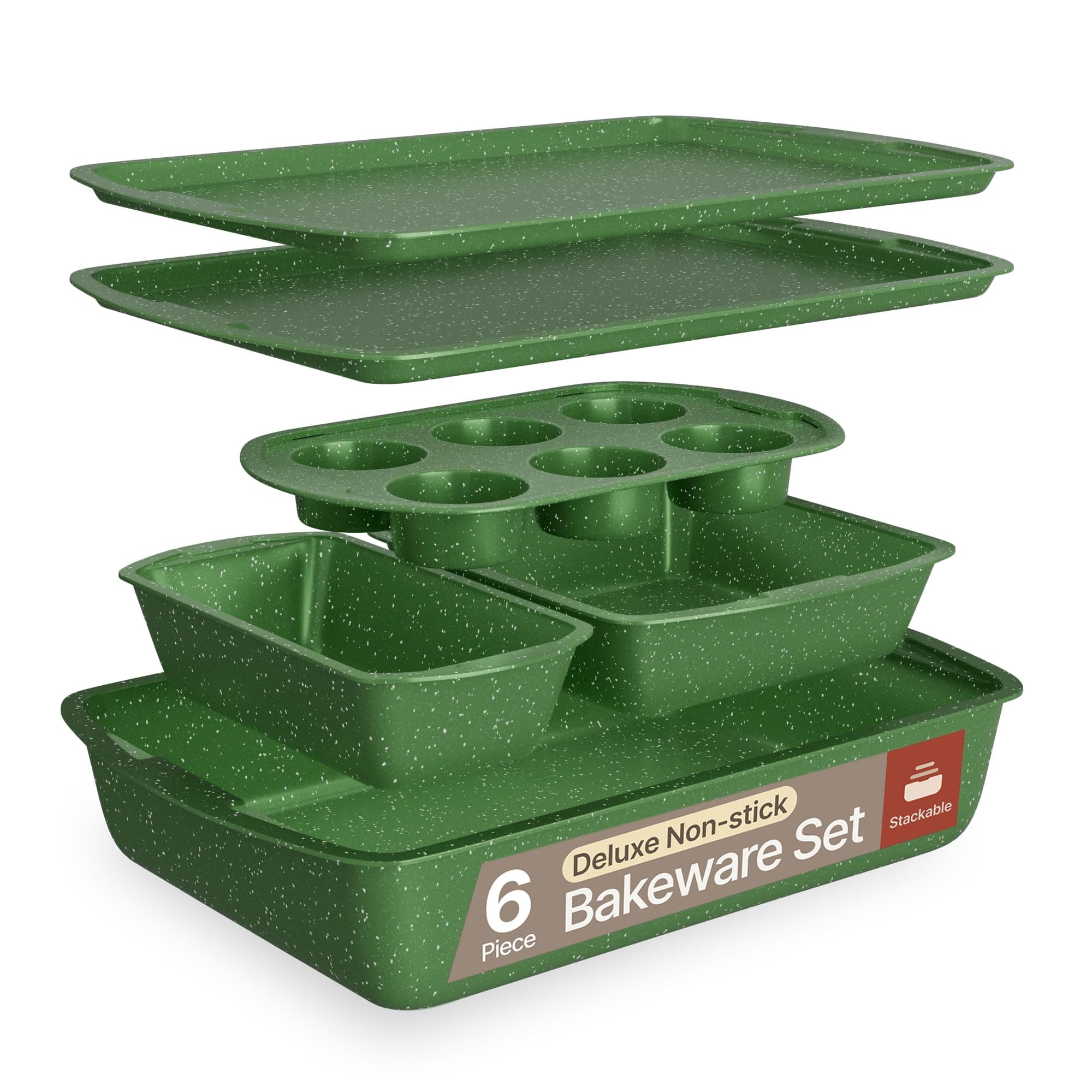 BAKKEN Kitchen Baking Pan Set - Nonstick Green Marble Coating, Commercial Grade Carbon Steel Bakeware Sets, Baking Kitchen Essentials, PFOA, PFOS, PTFE Free, Oven Safe Tray (Up To 450° F), Set of 6