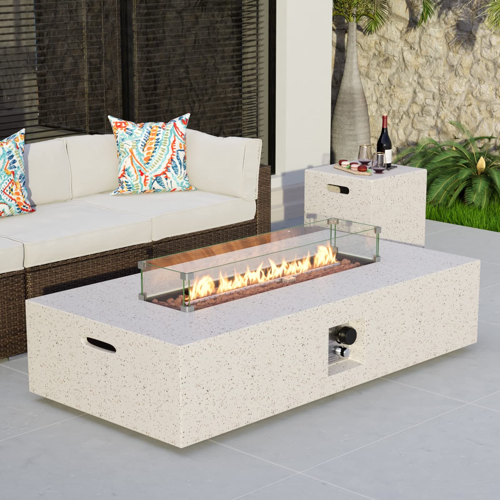 2-Piece Outdoor Propane Fire Table Set, Rectangle Concrete 56-inch x 28-inch Fire Pit (Certified, 50,000 BTU) w 20lb Tank Table, Wind Guard, Waterproof Cover for Garden, Porch, Backyard