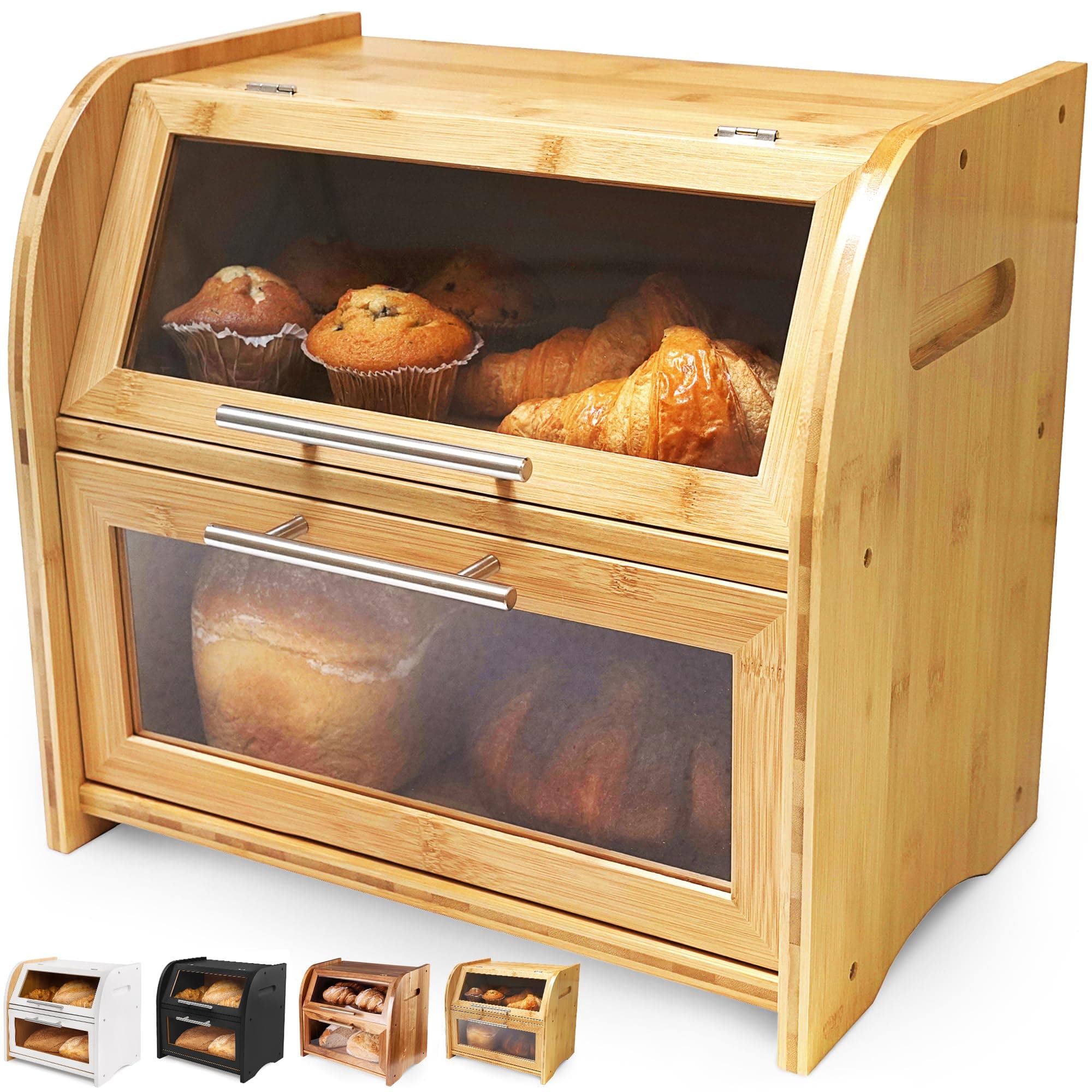 Arise Stylish Bamboo Bread Box for Kitchen Countertop, Extra Large 2-Shelf Wooden Bread Storage Container with Clear Windows and Air Vents Keep Bread, Bagels and Rolls Fresh, Self Assembly