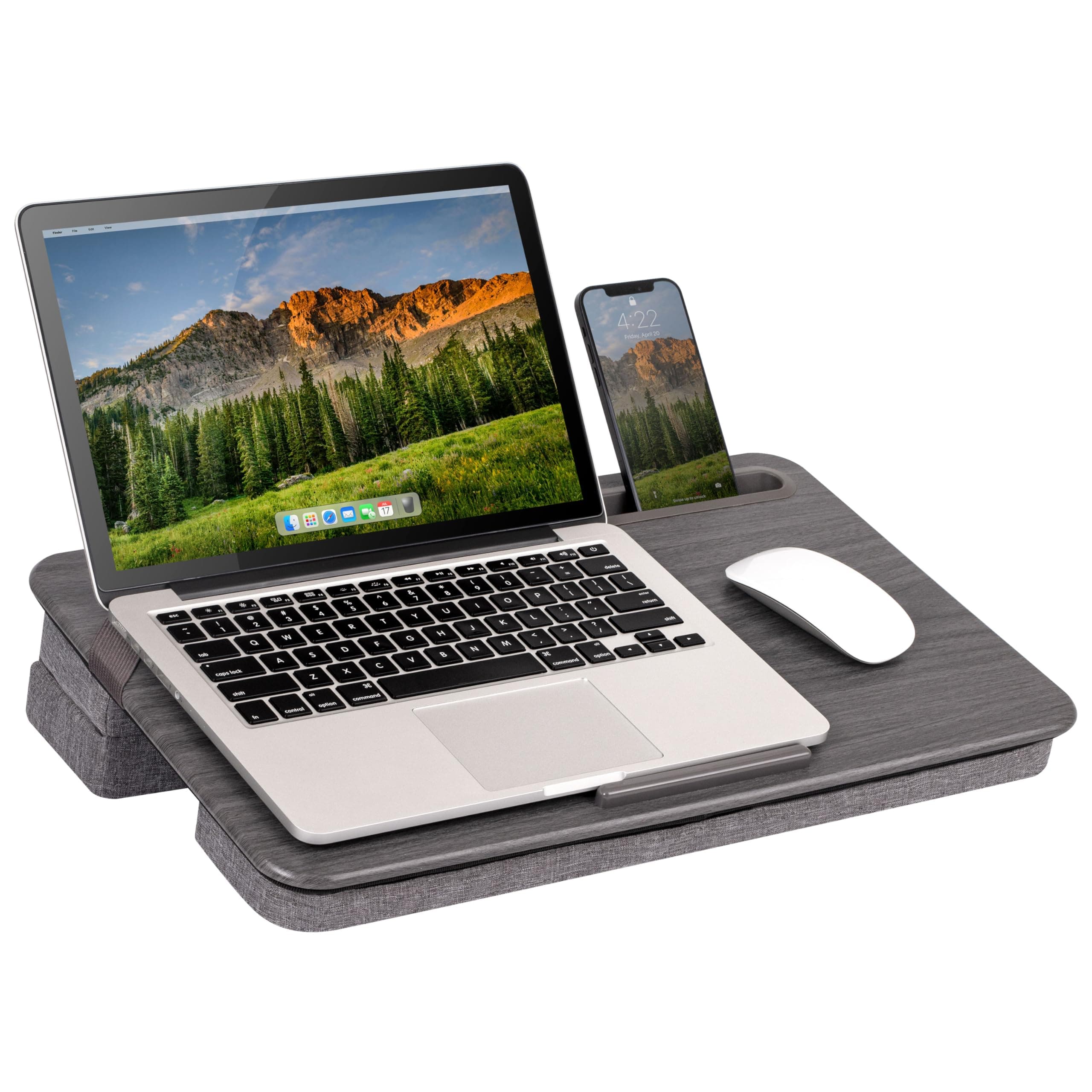 LAPGEAR Elevation Lap Desk with Device Ledge, Phone Holder, and Booster Cushion - Gray Woodgrain - Fits Up to 15.6 Inch Laptops - Style No. 87965