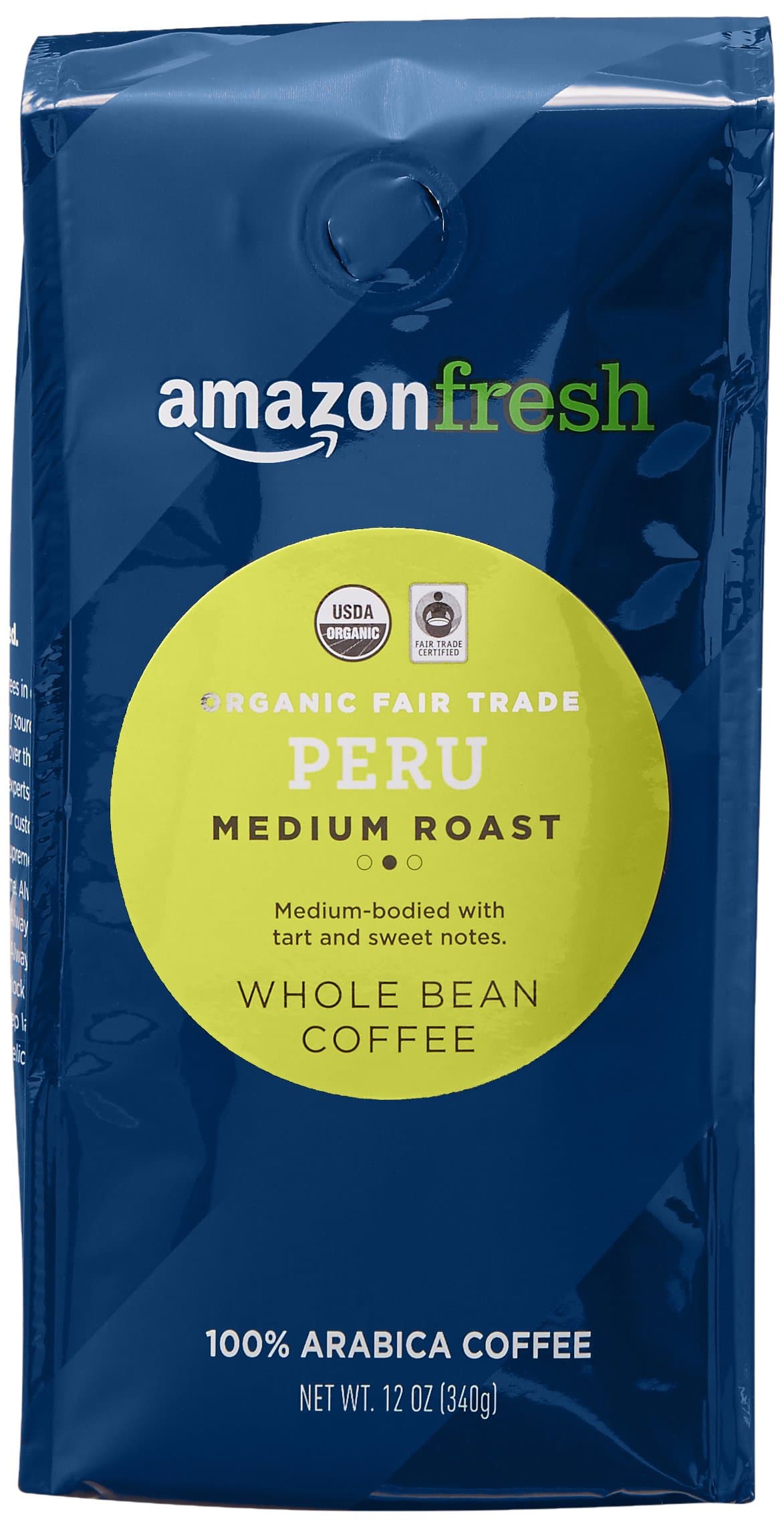 Amazon Fresh, Organic Fair Trade Peru Whole Bean Coffee, Medium Roast, 12 Oz
