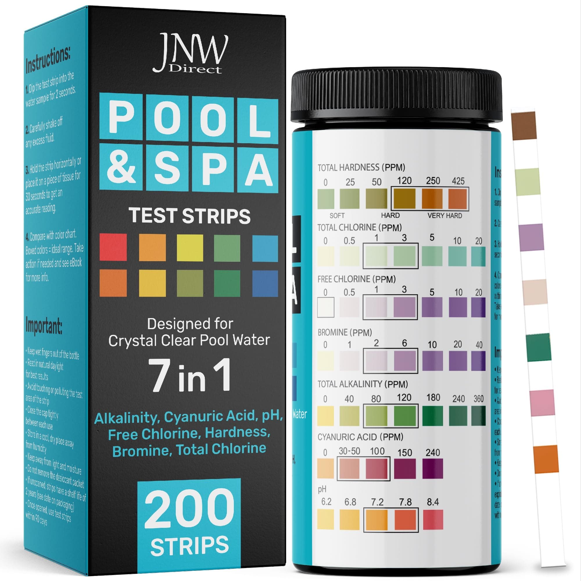Pool Test Strips 7-in-1, 200 Quick and Accurate Pool and Hot Tub Test Strips - Pool Water Testing Kit for Chlorine, Bromine, pH, Hardness, More - All in 1 Swimming Pool Test Strips by JNW