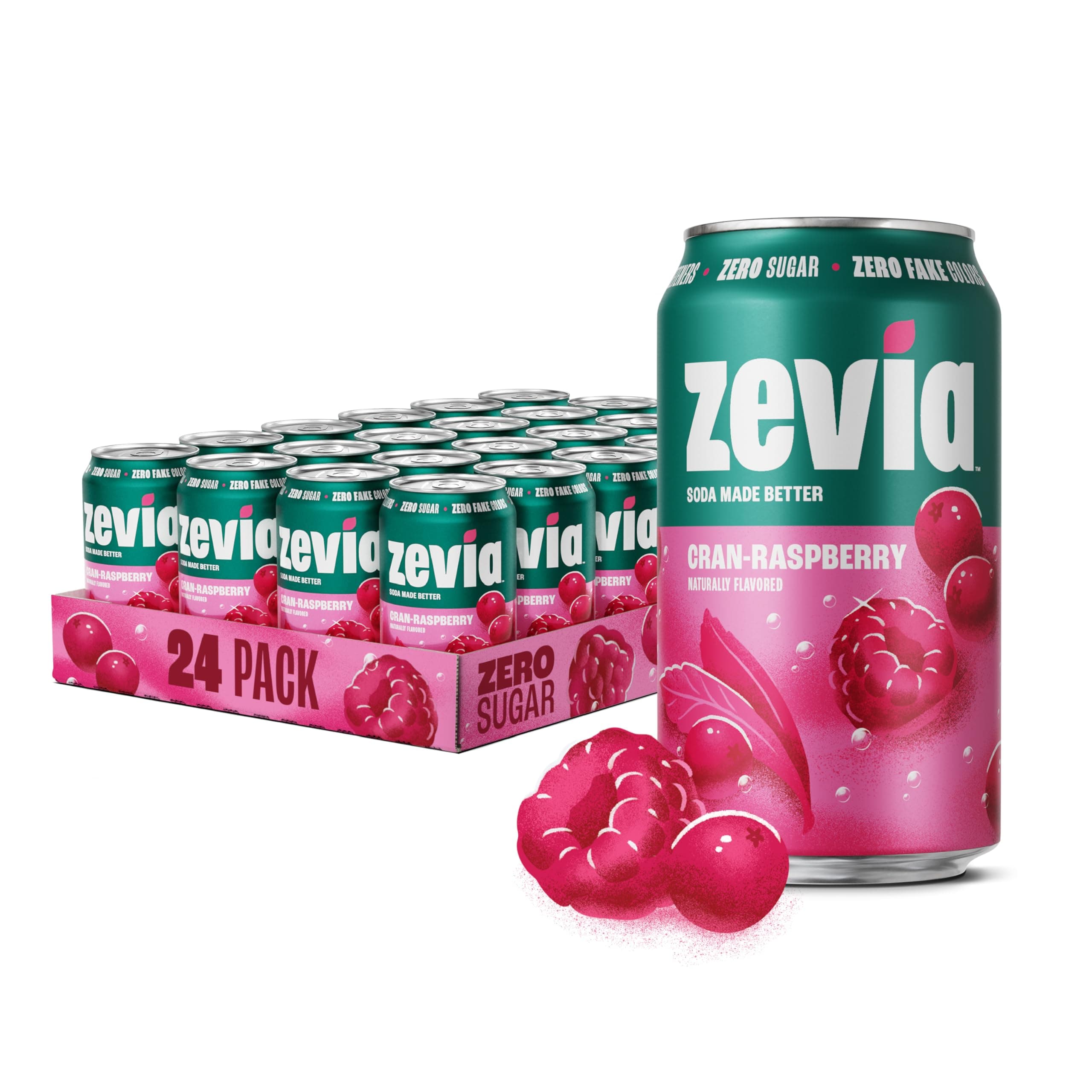 Zevia Zero Sugar Soda, Cran-Raspberry, 12 oz Cans (24-Pack) – Naturally Sweetened, Non-GMO Project Verified, Gluten-Free, Vegan