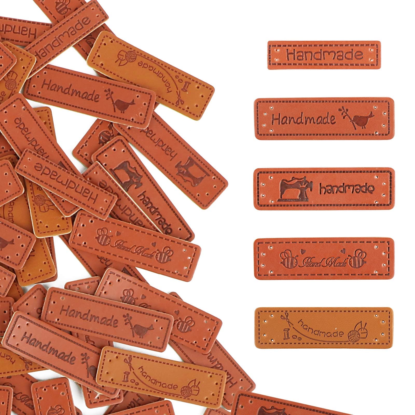 VINFUTUR 100 ± 2 Pieces PU Leather Handmade Rectangle Embossed Labels Textile Leather Labels for Garment DIY Crafts Sewing Accessories (Mixed)