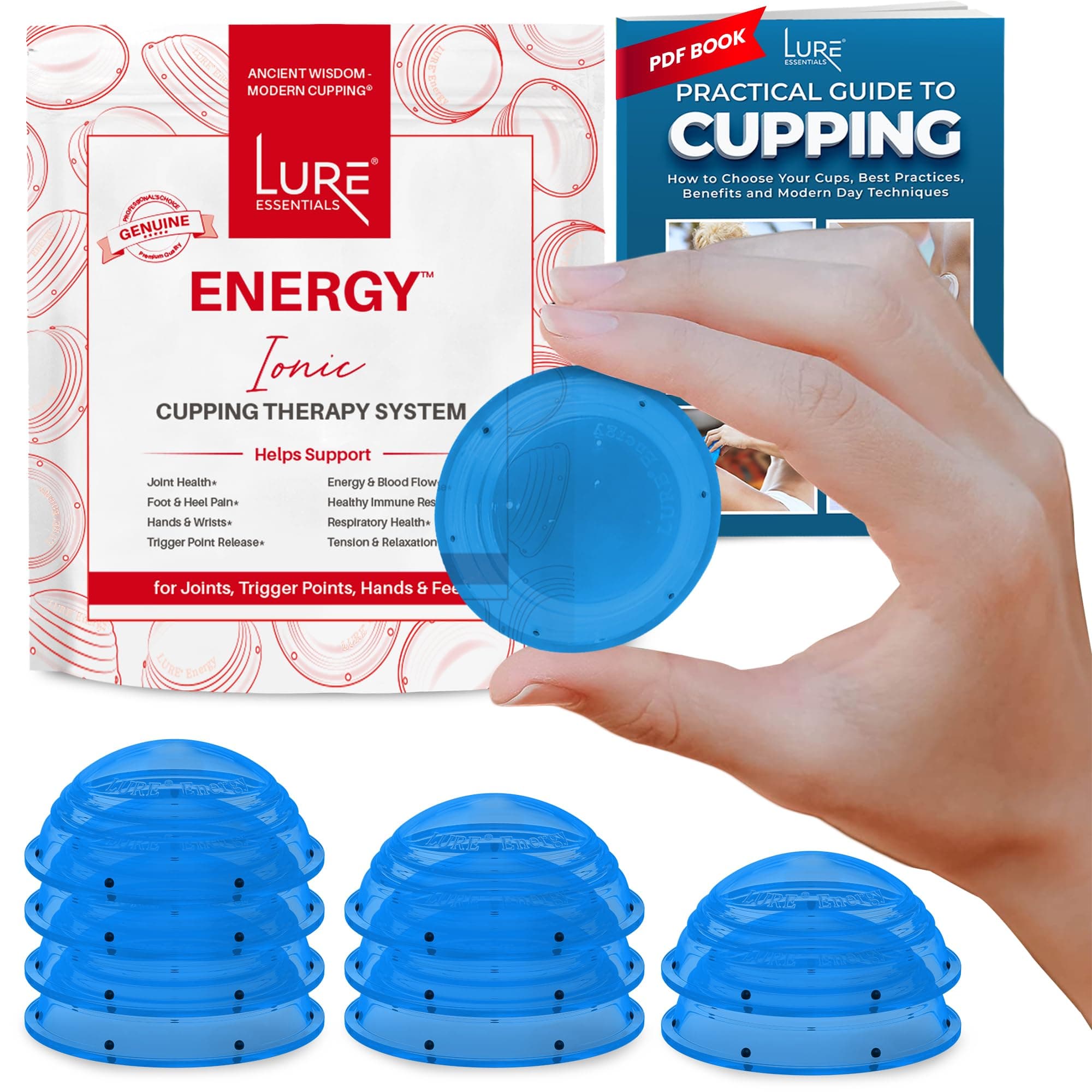 Lure Essentials Ionic Energy Cupping Therapy Set for Joint Pain Relief, Trigger Points, Plantar Fasciitis and Foot Pain with How to Guide and Access to Video Tutorials