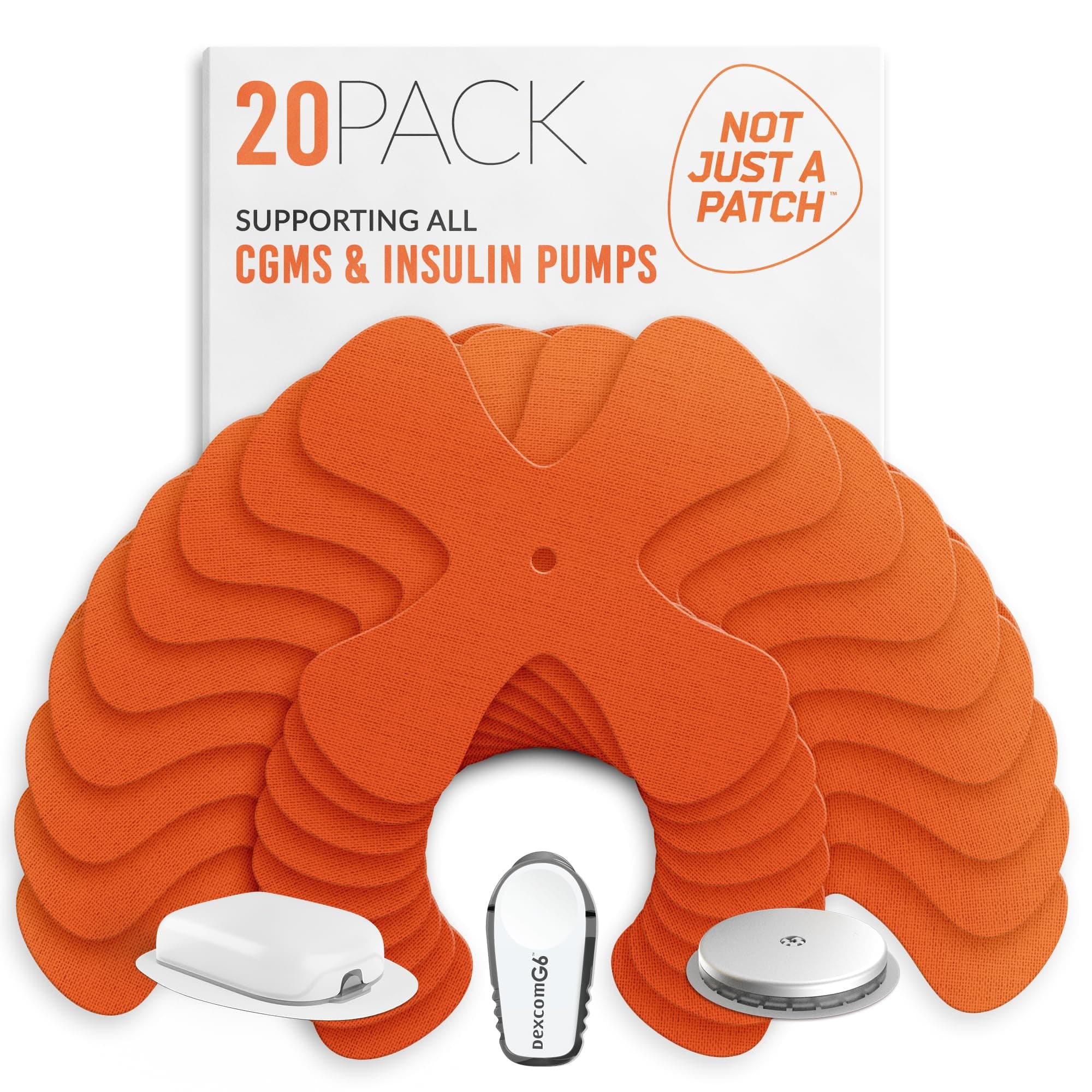 X-Patch CGM Sensor Patches (20 Pack) - Water Resistant Omnipod 5 Adhesive Patches - Durable for Active Lifestyle for 10-14 Days - Compatible with Dexcom G6, Libre 2 in Orange