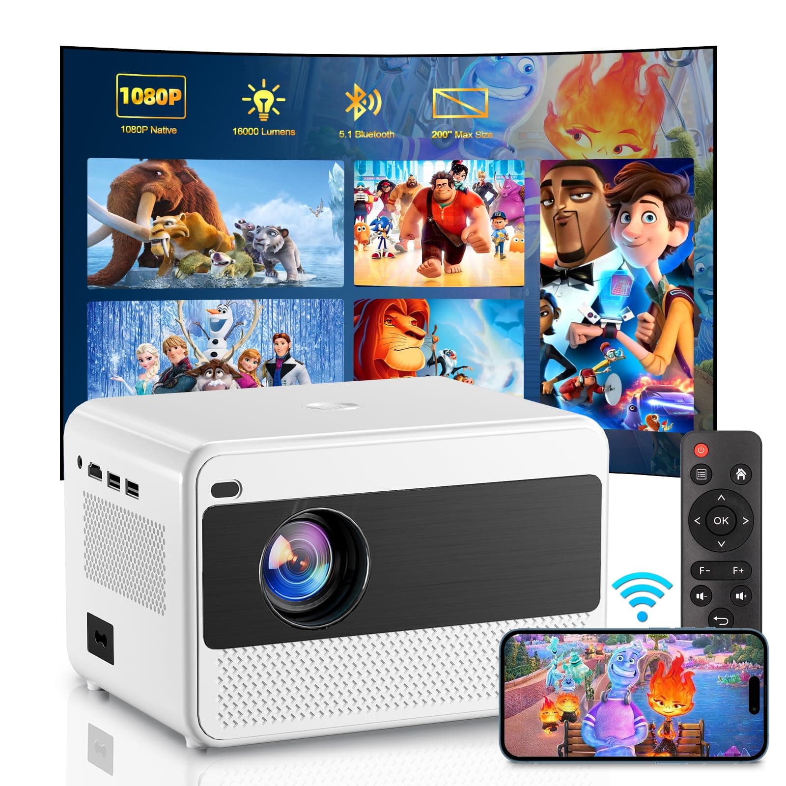 Video Projector with 5G WiFi and Bluetooth 5.1, Native 1080P Home Projector with Speaker, 16000LM Outdoor Movie Projector, Max 200" Compatible with iPhone / Android / TV Stick / Laptop / HDMI / USB