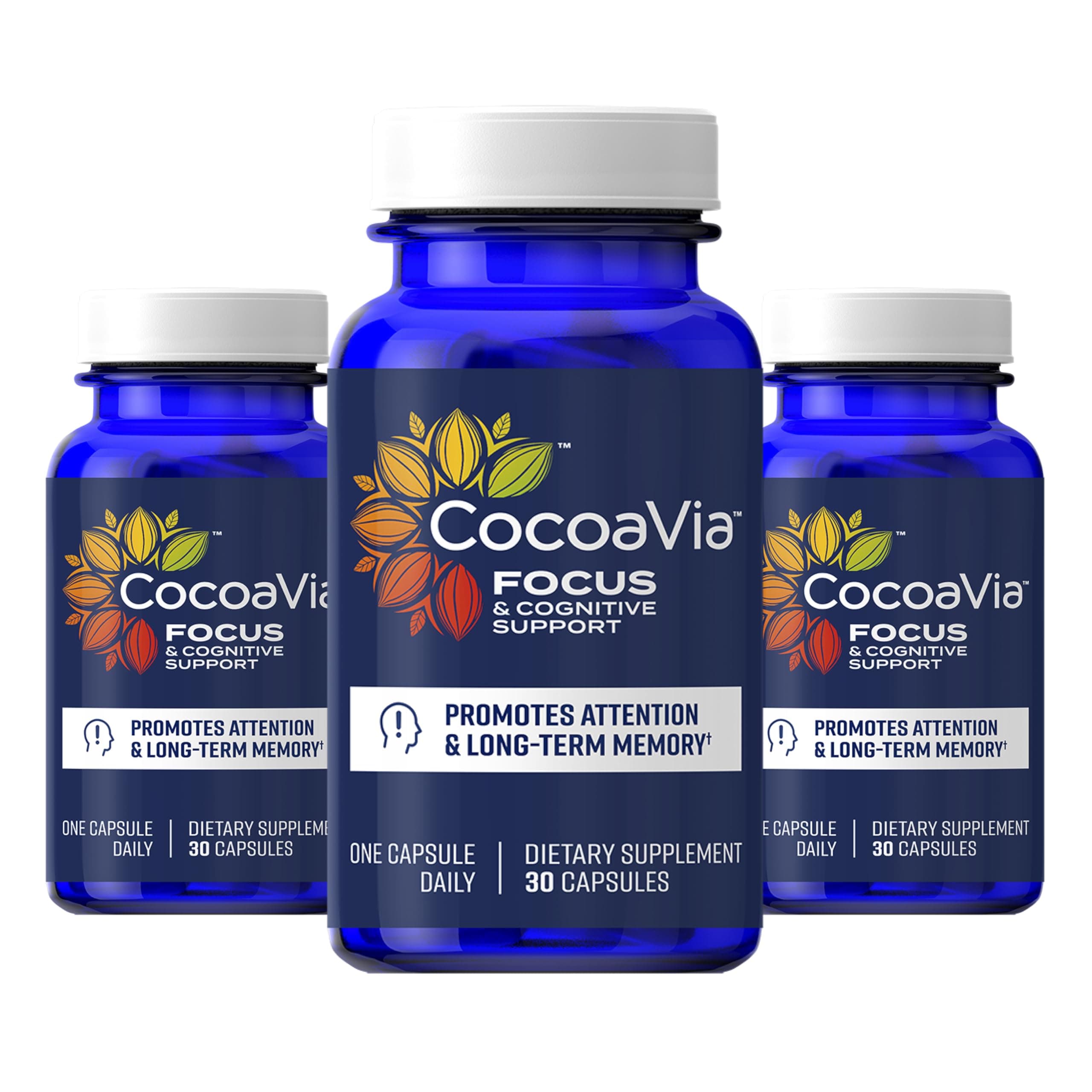 CocoaVia Memory & Focus Brain Supplement, 90 Day, Cocoa Flavanol Blend, Lutein, Added Caffeine for Boost. Improve Cognitive Function, Attention, Vegan & Plant Based, 90 Capsules