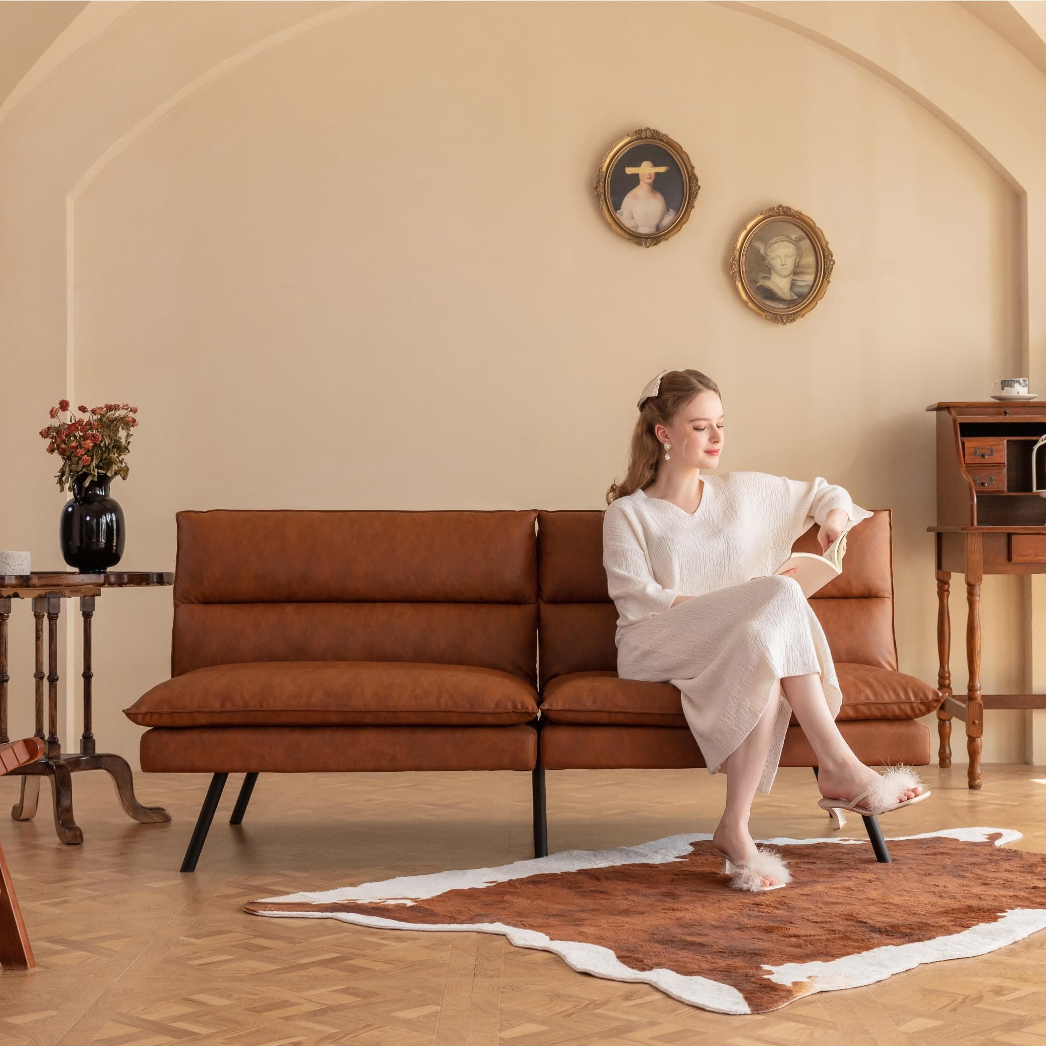 Futon Sofa Bed, Memory Foam Futon Couch with Adjustable Backrest, Multi-Functional Design Convertible Sofa Bed, Space-Saving Sleeper Sofa for Living Room(New Brown)