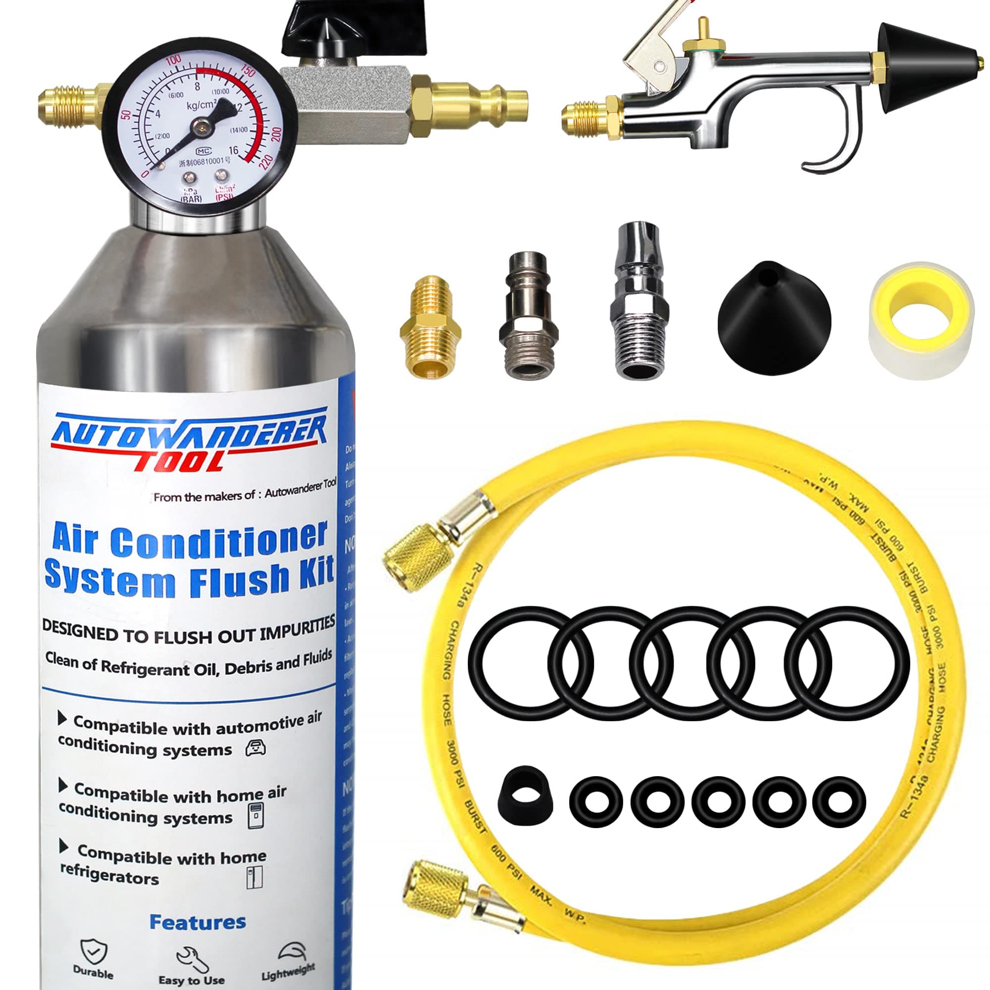 AutoWanderer Tool AC Flush Kit Air Conditioner System Flush Canister Gun Set for Clean A/C Line Flush R134a R12 R22 R410a R404a