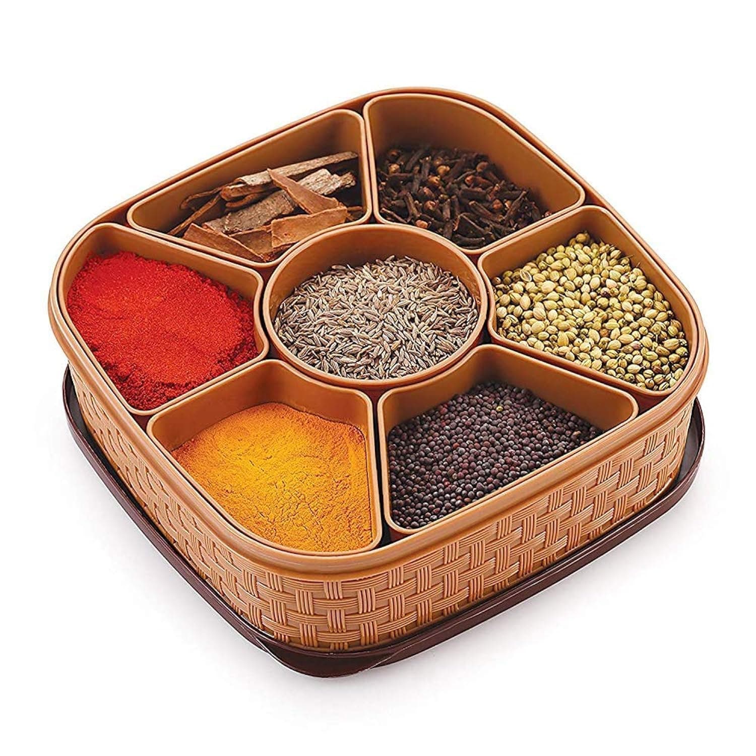 Plastic Masala Box for Kitchen | 7-in-1 Square Spice Organizer with Spoons | Airtight Multi-Container Masala Dabba for Home | Rotating Seasoning Storage Jar Set for Kitchen