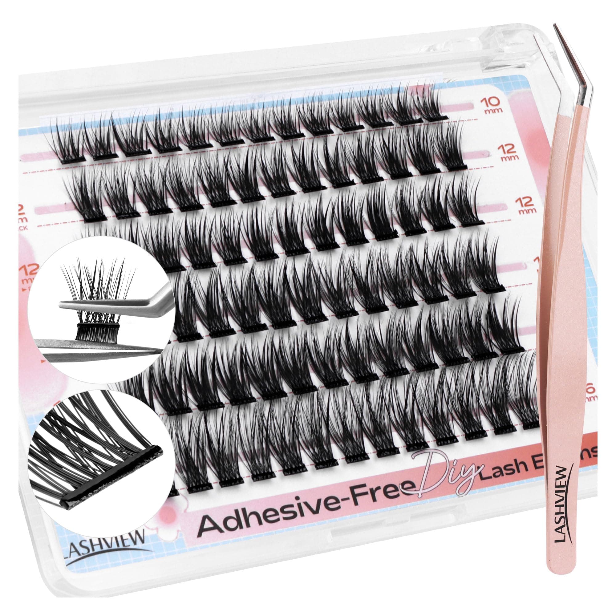 LASHVIEW Self Adhesive Eyelashes, D Curl Press On Lash Clusters Kit Pre Glued Eyelash Clusters with Applicator,No Glue No Remover Needed DIY Lash Extension Kit 10-16mm (N06 60Pcs)