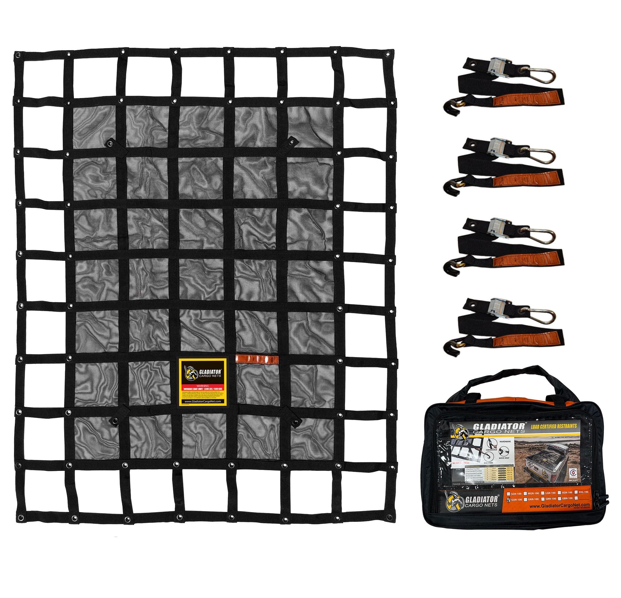 GLADIATOR CARGO NETS - Heavy Duty Cargo Net-(WLL): 1,500 lbs - TruckAccessory - Cargo Carrier - Truck Organizer -Truck Bed Cover-Trailer-Pickup-Boat-Jeep-SUV-5ft Bed (SGN-100) 4.75' x 6' ft.