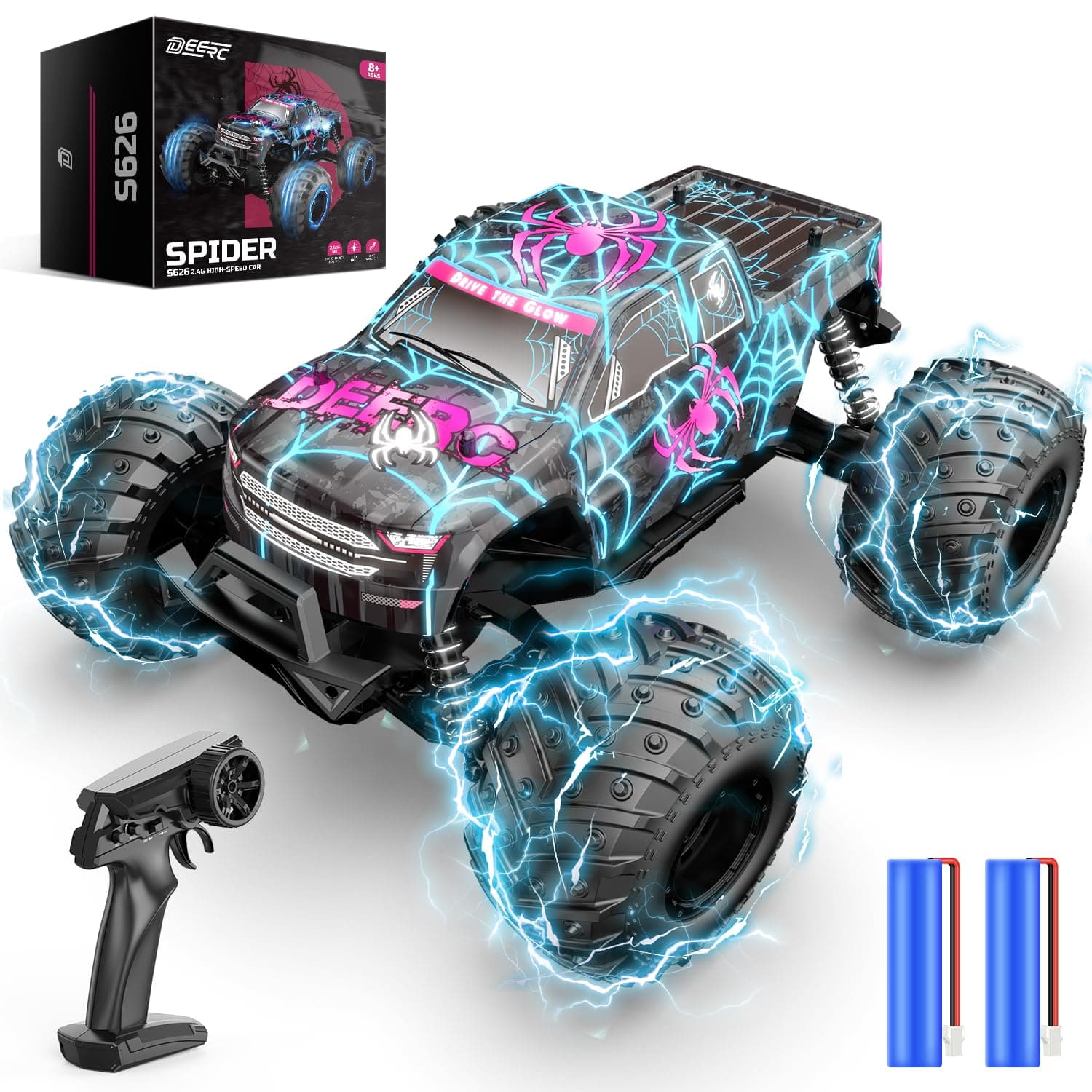 DEERC 1/16 Glowing Spider Remote Control Car - Fast RC Cars W/2 Rechargeable Batteries for 40 Min Play, All Terrain Off-Road Monster Truck Toys for Boys Kids Age 4-7 8-12 Birthday Xmas Gift