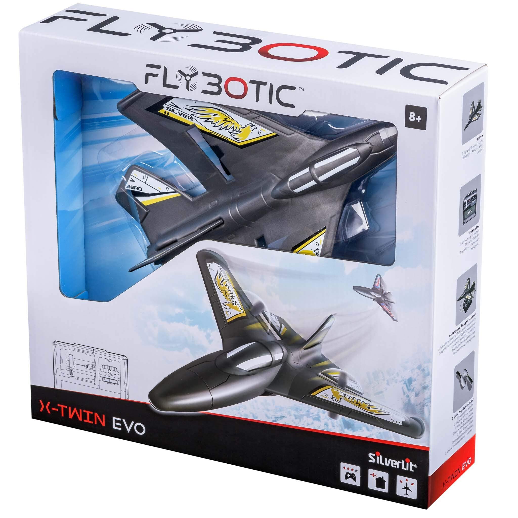 Flybotic 85736 Remote Control Aeroplane X-Twin Evo Shape Memory Toy Radio-Controlled Steering Wheel for Girls and Boys Indoor / Outdoor Use