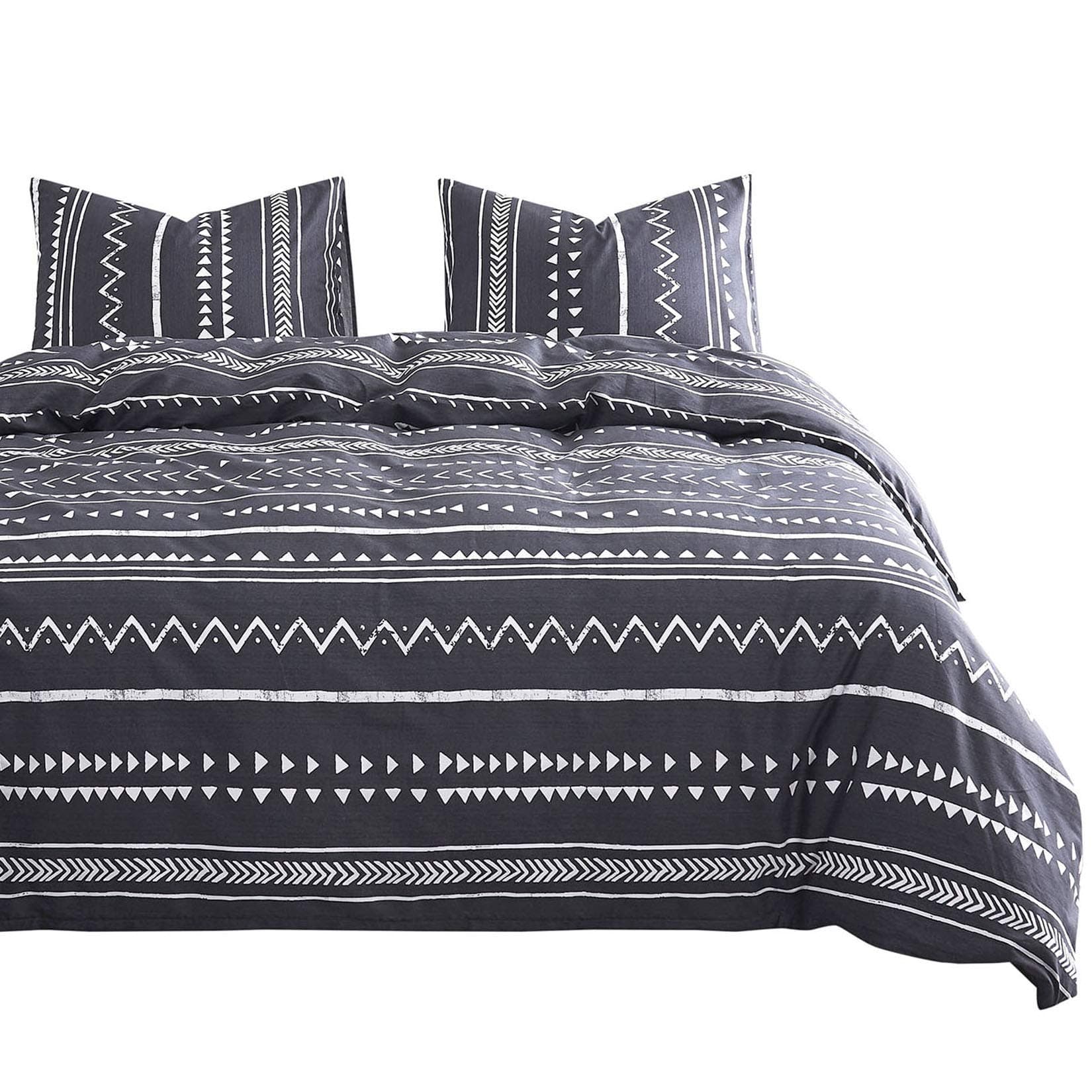Wake In Cloud - Aztec Comforter Set, 100% Cotton Fabric with Soft Microfiber Fill Bedding, Dark Gray Grey with White Geometric Modern Pattern Printed (3pcs, Queen Size)
