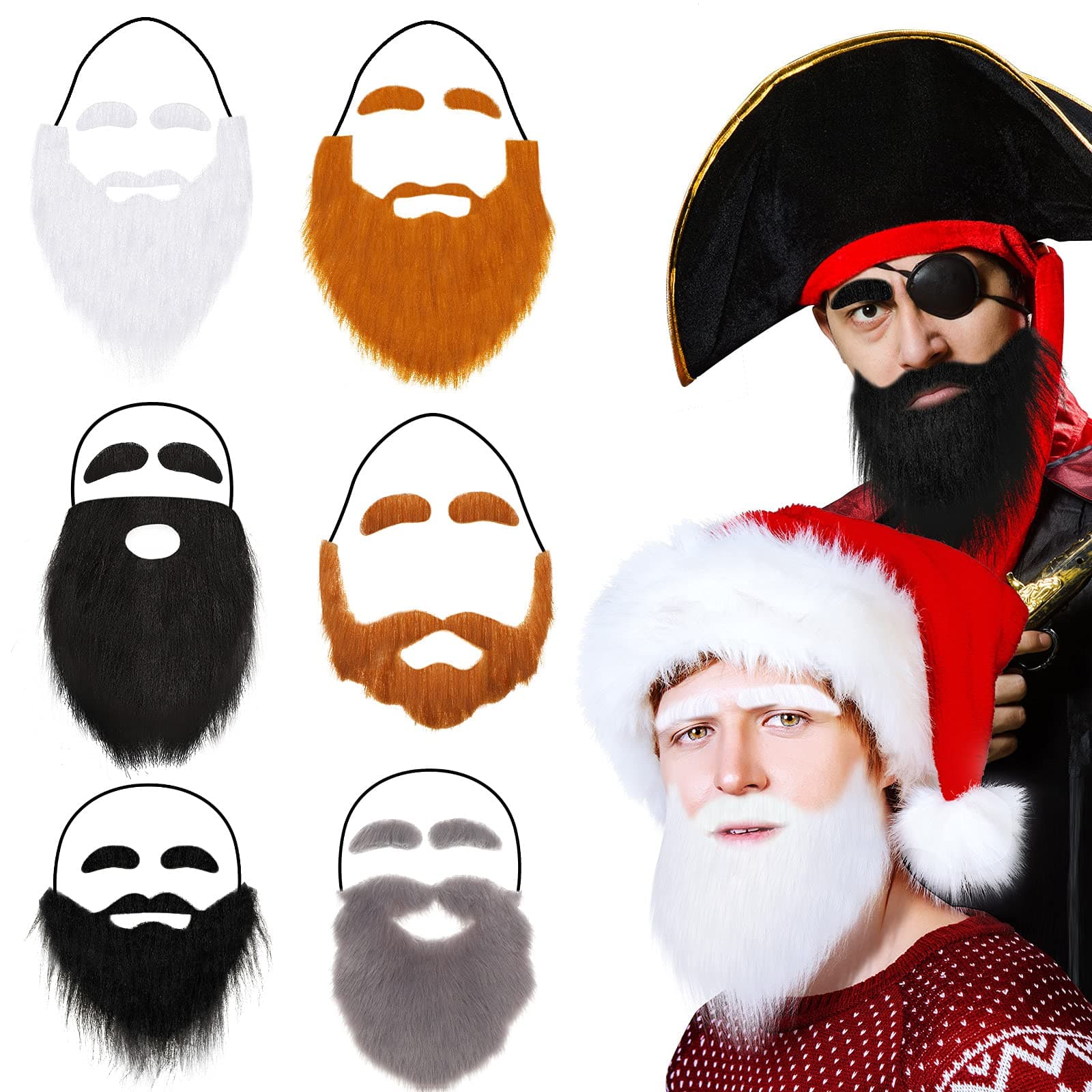 6 Pcs Large Fake Beards with Eyebrows Funny False Mustaches Self Adhesive Beards Facial Hair Accessory for Adults Cosplay Costume Halloween Christmas Party Supplies