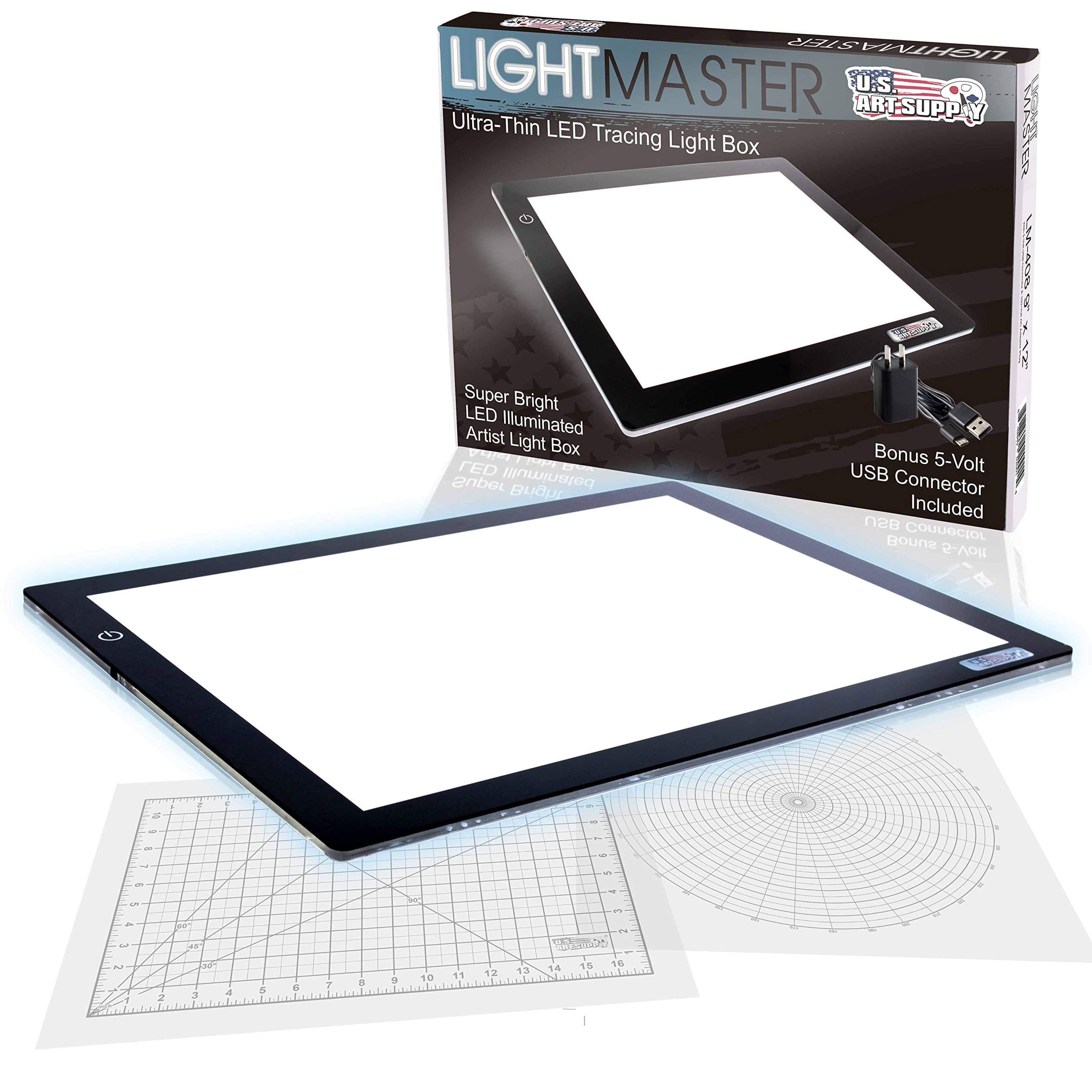 Lightmaster 24.3" Diagonal Professional (A3) 12"x17" LED Lightbox Board 12-Volt Super-Bright Ultra-Thin 3/8" Profile Light Box Pad Dimmable - Measuring Overlay Grid & Circle Template