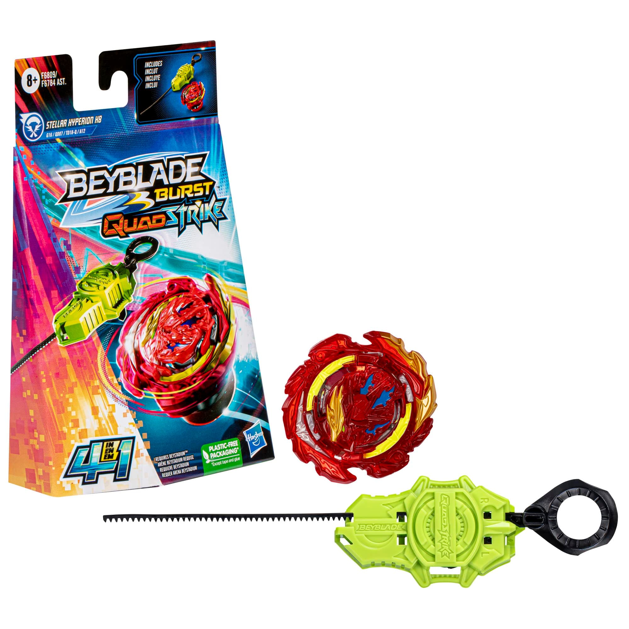 BeybladeBurst QuadStrike Stellar Hyperion H8 Spinning Top Starter Pack, Attack/Defense Type Battling Game with Launcher, Kids Toy Set