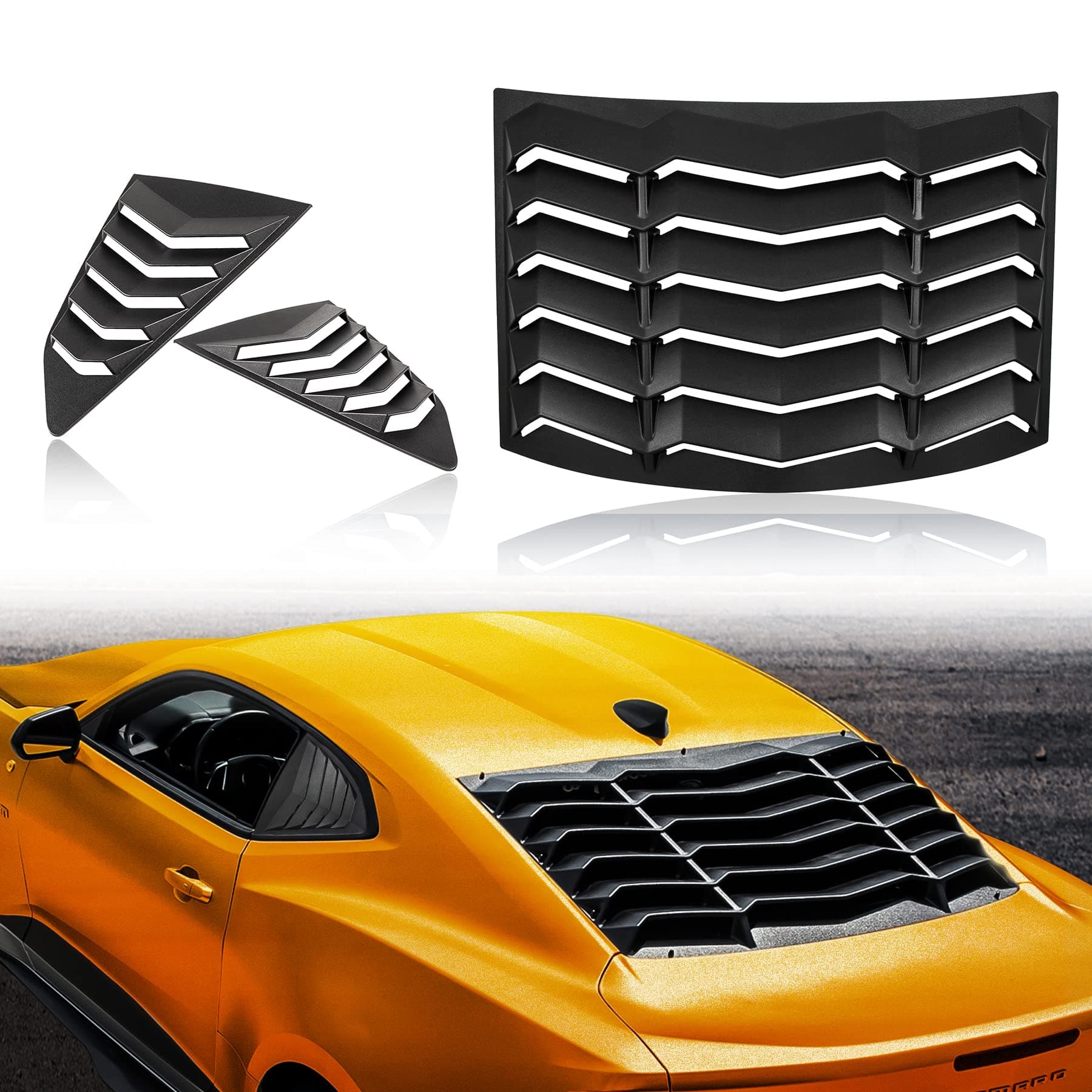 2016-2023 Rear Window Louvers Rear+Side Set Windshield Sun Shade Cover Lambo Style Matte Black Compatible with Chevrolet Chevy Camaro 2016 2017 2018 2019 2020 2021 2022 2023